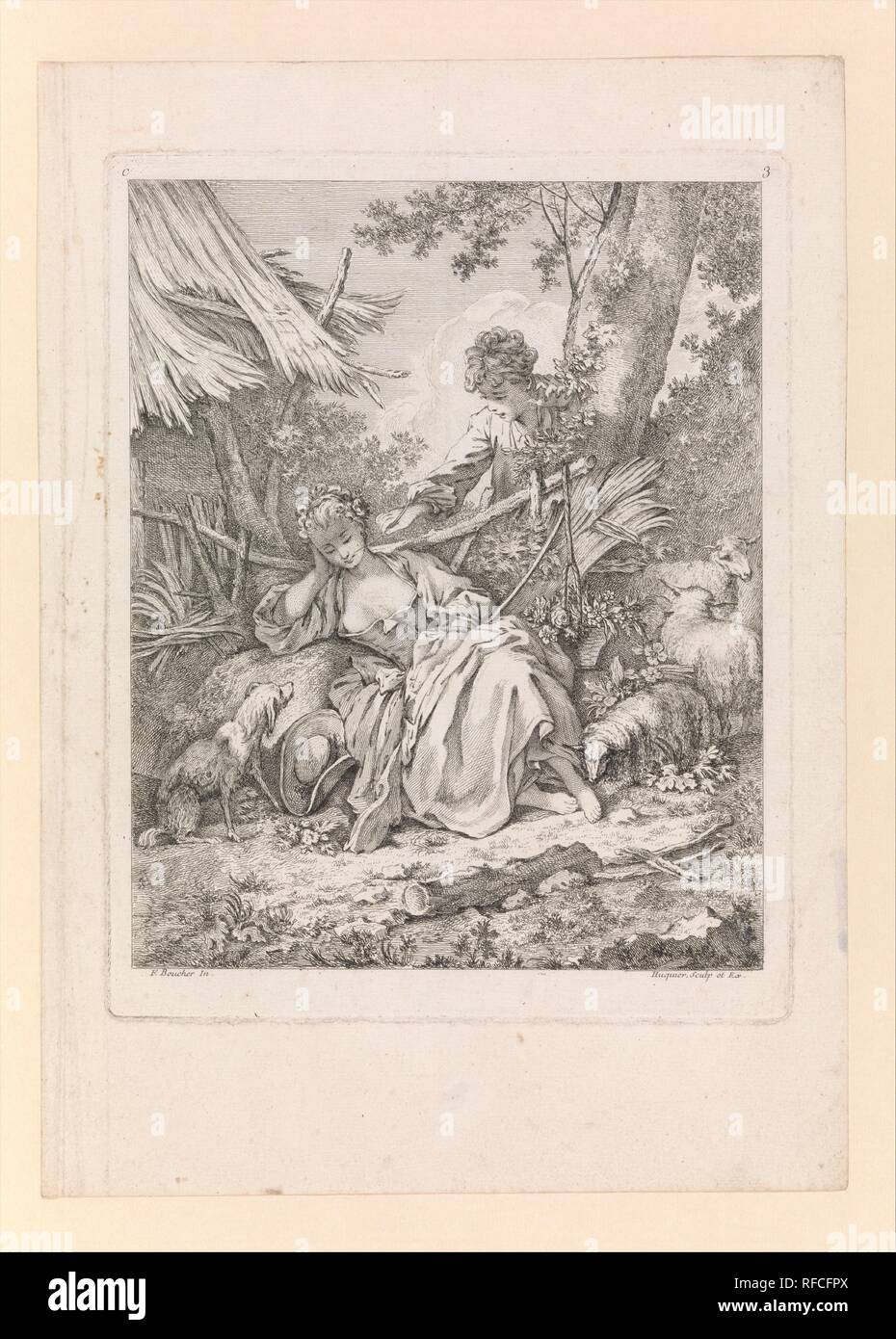 Hirte kitzeln eine schlafende Schäferin mit einem Stück von Stroh, von Troisieme Livre de Sujets et Pastorales (Drittes Buch von Themen und Pastorals), Platte 3. Artist: Nachdem François Boucher (Französisch, Paris 1703-1770 Paris); Gabriel Huquier (Französisch, Orléans, Paris 1695-1772). Maße: Blatt: 13 3/8 x 9 5/8 in. (34 x 24,4 cm) Platte: 10 1/4 x 8 1/16 in. (26 x 20,5 cm). Herausgeber: Gabriel Huquier (Französisch, Orléans, Paris 1695-1772). Serie/Portfolio: Troisieme Livre de Sujets et Pastorales. Datum: 18. Museum: Metropolitan Museum of Art, New York, USA. Stockfoto