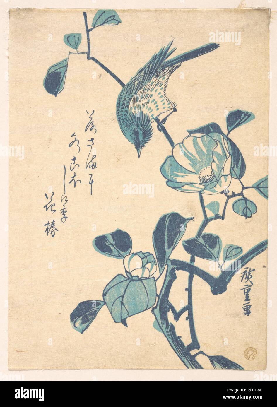Camellia und Vogel. Artist: Utagawa Hiroshige (Japanisch, Tokyo (EDO) 1797-1858 Tokyo (EDO)). Kultur: Japan. Abmessungen: 8 27/32 x 6 3/8 in. (22,5 x 16,2 cm). Datum: Ca. 1833. Museum: Metropolitan Museum of Art, New York, USA. Stockfoto