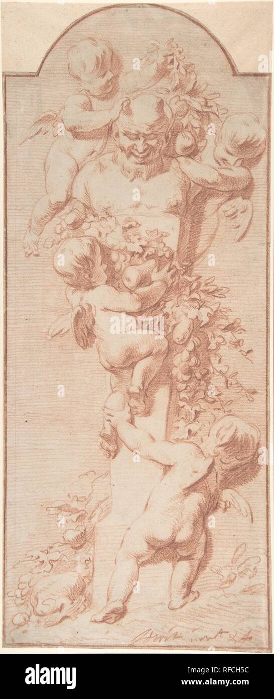 Vier Putti Verzieren eines Herm mit Girlanden von Obst und Laub. Artist: Jacob de Wit (Niederländisch, Amsterdam 1695-1754 Amsterdam). Abmessungen: 16 1/8 x 6 3/4 in. (40,9 x 17,2 cm) (in Arch oben Silhouette). Datum: Anfang des 18. Jahrhunderts. Museum: Metropolitan Museum of Art, New York, USA. Stockfoto