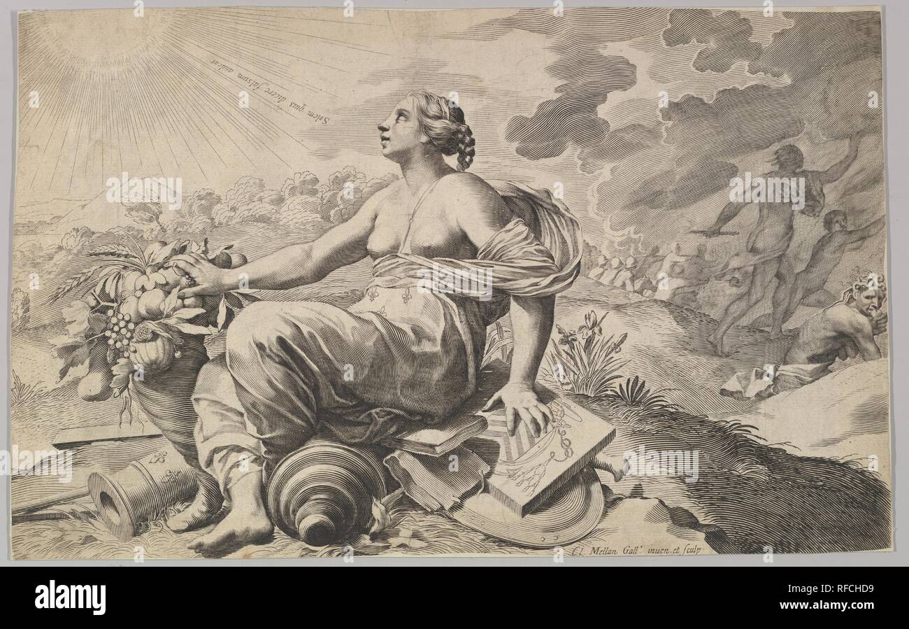 Allegorie von Frankreich mit dem Wappen von Richelieu (Allégorie sur la Paix). Künstler: Claude Mellan (Französisch, Abbeville 1598-1688 Paris). Maße: Blatt: 10 1/8 x 16 1/4 in. (25,7 x 41,3 cm). Schirmherr: Im Auftrag von Kardinal Duc de Richelieu (Französisch, 1585-1642). Museum: Metropolitan Museum of Art, New York, USA. Stockfoto