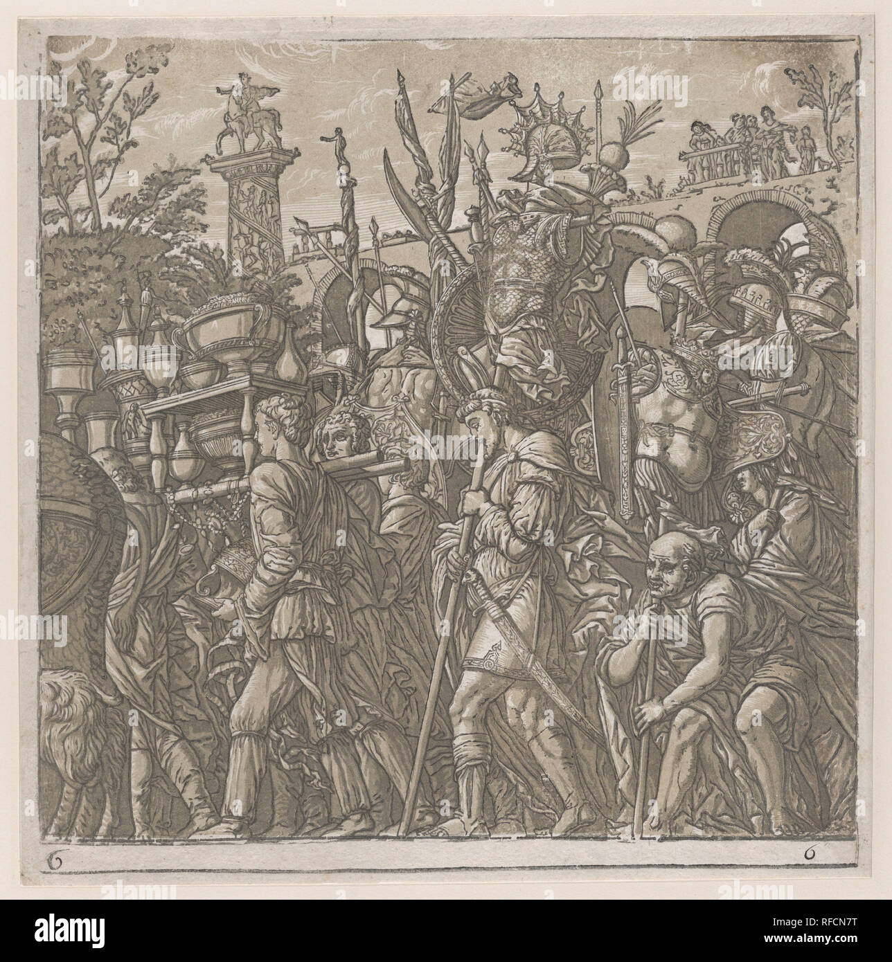 Blatt 6: Männer Trophäen, vom Triumph des Julius Caesar. Artist: Nach Andrea Mantegna (Italienisch, Isola di Carturo 1430/31-1506 Mantua); Andrea Andreani (Mantua, 1558/1559-1629); Vermittler Verfasser Bernardo Malpizzi (Italienisch, 1555-1623). Maße: Blatt: 15 9/16 x 15 3/8 in. (39,5 x 39 cm) Bild: 14 5/6 x 14 3/4 in. (36,7 × 37,5 cm). Datum: 1599. Museum: Metropolitan Museum of Art, New York, USA. Stockfoto