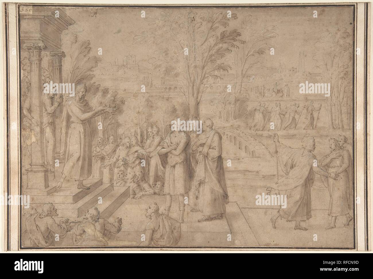 Ein Heiliger Adressierung Zahlen aus der Schritte eines Tempels. Artist: Antoine Caron (Französisch, Beauvais 1521-1599 Paris). Abmessungen: 10-7/8 x 14-1/4-in. (27,6 x 36,2 cm). Museum: Metropolitan Museum of Art, New York, USA. Stockfoto