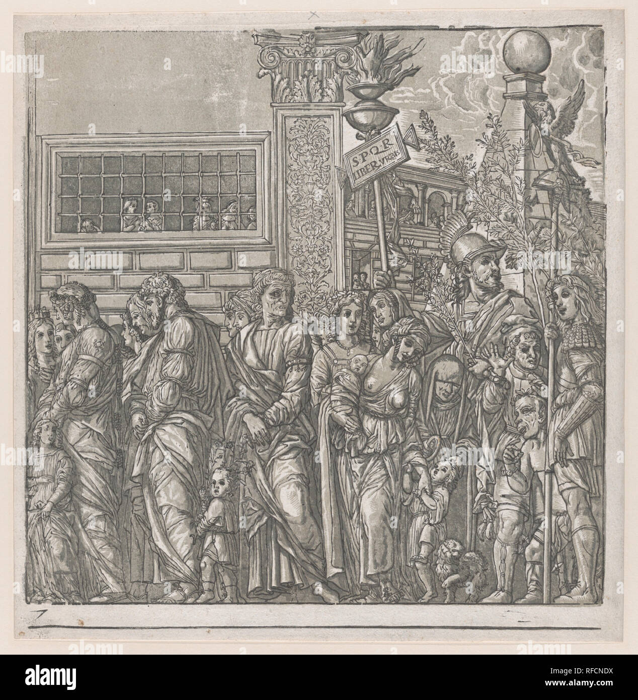 Blatt 7: Prozession, von den Triumph von Julius Caesar. Artist: Nach Andrea Mantegna (Italienisch, Isola di Carturo 1430/31-1506 Mantua); Andrea Andreani (Mantua, 1558/1559-1629); Vermittler Verfasser Bernardo Malpizzi (Italienisch, 1555-1623). Maße: Blatt: 15 7/8 x 15 3/8 in. (40,4 x 39 cm) Bild: 14 7/16 x 14 9/16 in. (36,7 × 37 cm). Datum: 1599. Museum: Metropolitan Museum of Art, New York, USA. Stockfoto