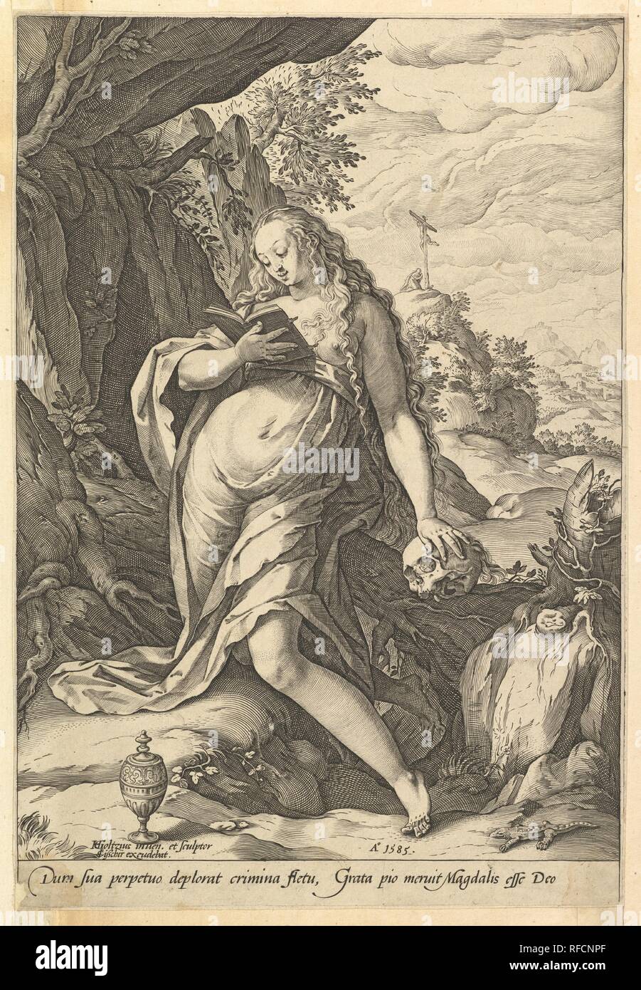 St. Maria Magdalena Pönitenten. Artist: Hendrick Goltzius (Niederländischen, Mühlbracht 1558-1617 Haarlem). Maße: Blatt: 11 5/8 x 7 15/16 in. (29,6 x 20,2 cm). Herausgeber: Claes Jansz. Visscher (Niederländisch, Amsterdam 1586-1652 Amsterdam). Datum: 1585. Museum: Metropolitan Museum of Art, New York, USA. Autor: Hendrick Goltzius. Hendrik Goltzius. Stockfoto