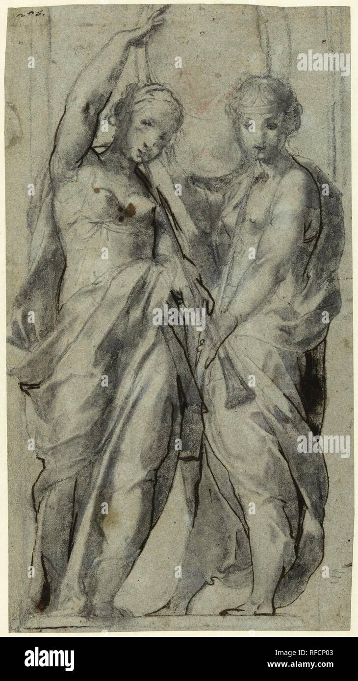 Zwei Frauen mit Trompeten vor dem Mund. Verfasser der Stellungnahme: Giulio Cesare Procaccini. Datierung: 1580 - 1625. Maße: H 345 mm x B 190 mm. Museum: Rijksmuseum, Amsterdam. Stockfoto