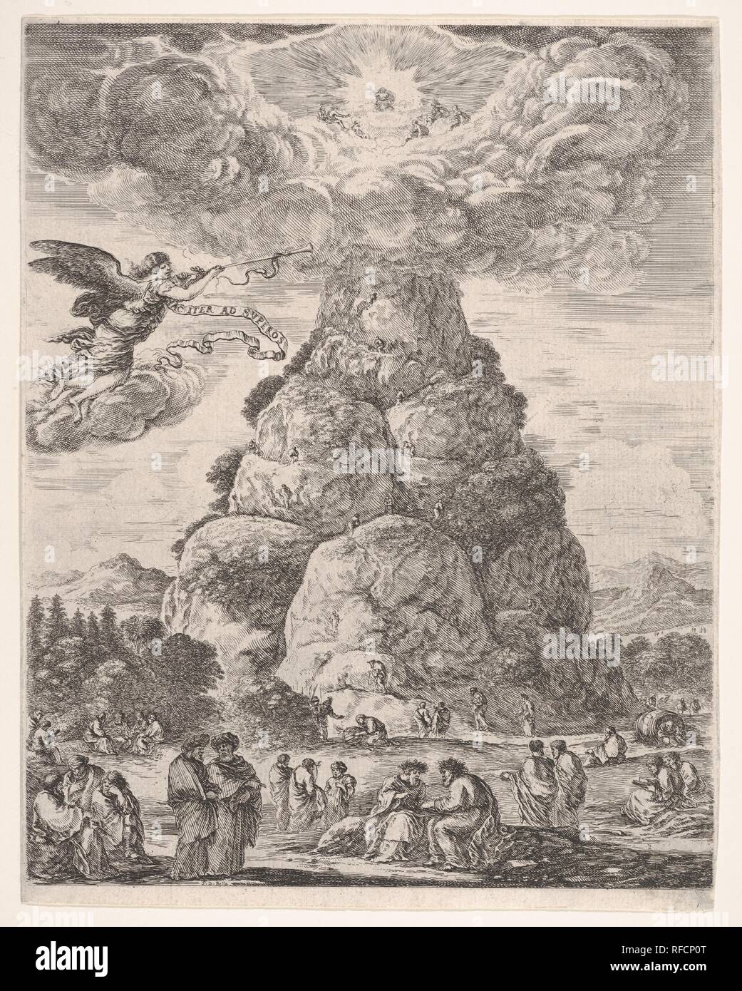 Rock der Philosphers, oder den Mount Parnassus, vielen antiken Philosophen in Gruppen an der Basis des Berges in den Vordergrund versammelt, Diogenes in seiner Tonne nach rechts und Archimedes in der Mitte Studium eine Armillarsphäre in der middleground, ein Engel im Himmel zu linken, die Berge im Hintergrund, eine grosse Wolke an der Spitze des Berges mit der Versammlung der Götter. Artist: Stefano Della Bella (Italienisch, Florenz 1610-1664 Florenz). Abmessungen: Platte: 10 3/8 x 8 5/16 in. (26,4 x 21,1 cm) Blatt: 10 11/16 x 8 3/8 in. (27,2 x 21,3 cm). Datum: Ca. 1661. Museum: Metropolitan Museum der Kunst, Stockfoto