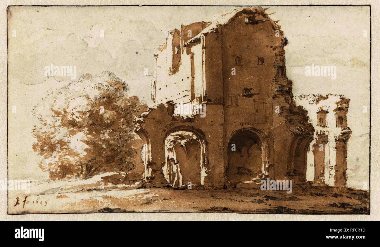 Ruine der Abtei von Rijnsburg. Verfasser der Stellungnahme: Jan de Bisschop. Dating: 1649. Maße: h91 mm x W 157 mm. Museum: Rijksmuseum, Amsterdam. Stockfoto