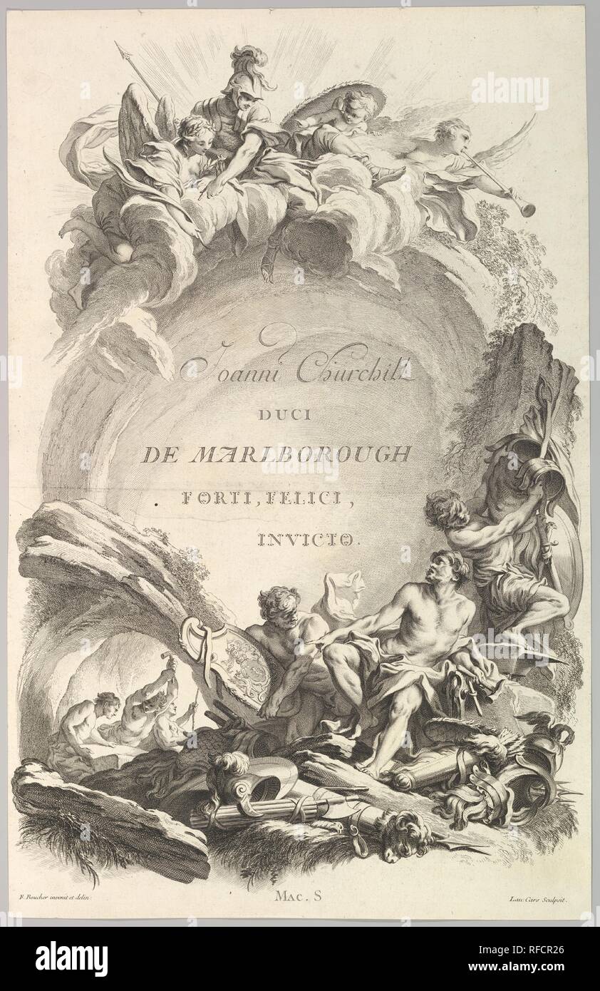 "Frontispice pour le Tombeau de John Churchill, duc de Marlborough" (Titelblatt für die "Grab von John Churchill, Duke Of Marlborough), von Saadiens des Princes, des Grands Capitaines et autres Hommes illustres (Gräber der Fürsten, Ritter und andere illustre Männer). Artist: Nachdem François Boucher (Französisch, Paris 1703-1770 Paris); Laurent (Französisch, Lyons 1699-1771 Paris). Autor: Eugene MacSwiny. Maße: Blatt: 25 9/16 x 16 3/8 in. (65 x 41,6 cm). Serie/Portfolio: Saadiens des Princes, des Grands et autres Hommes illustres Capitaines qui ont Fleuri dans la Grande Bretagne vers Stockfoto