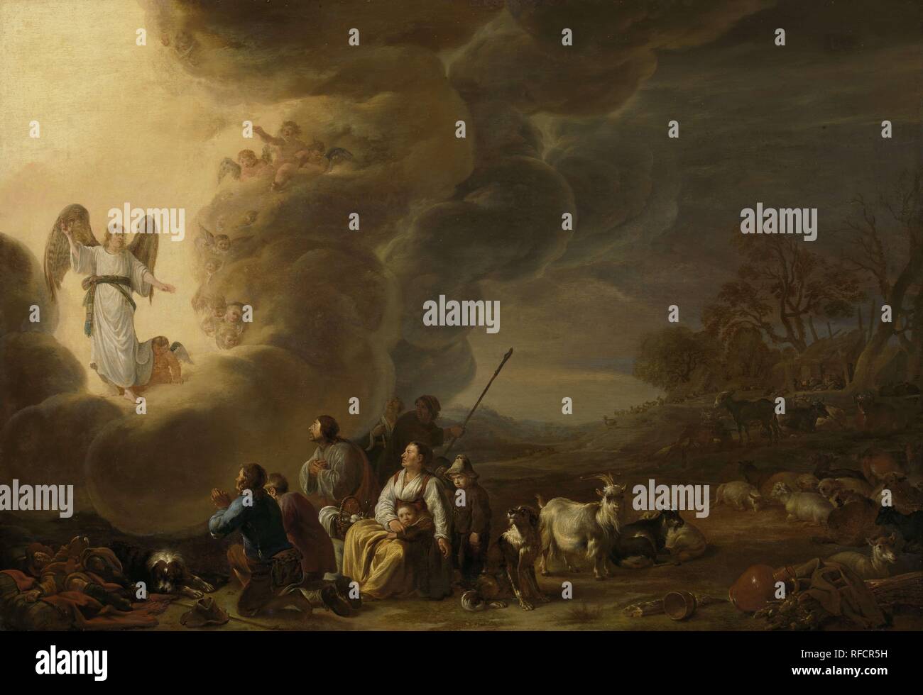 Der Verkündigung an die Hirten. Datierung: 1630 - 1650. Maße: H 75 cm x W 108 cm; d 5,5 cm. Museum: Rijksmuseum, Amsterdam. Autor: Cornelis Saftleven. Stockfoto
