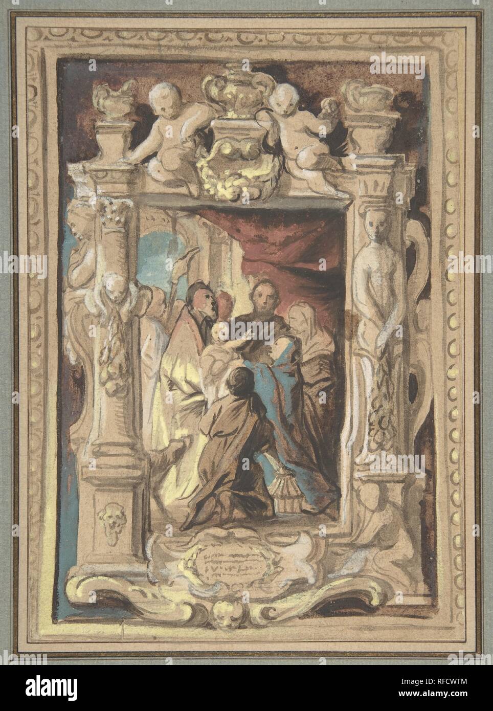 Die Darstellung im Tempel, mit einem Design für ein formschönes Gestell. Artist: Jacob Jordaens (Flandern, Antwerpen Antwerpen 1593-1678). Abmessungen: 8 13/16 x 6 5/16 in. (22,4 x 16 cm). Datum: Ca. 1630-1635. Museum: Metropolitan Museum of Art, New York, USA. Stockfoto