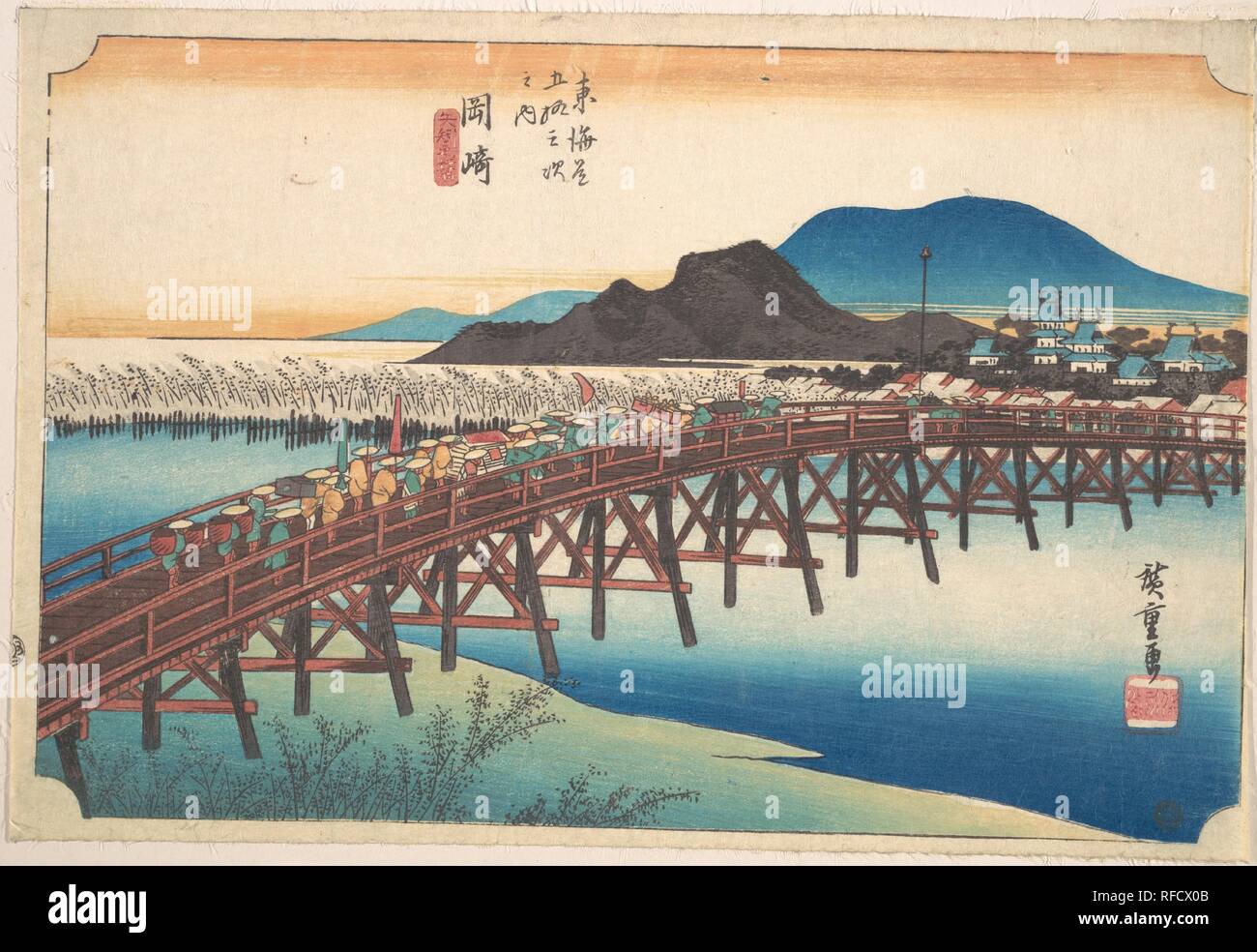 Okazaki, Tenshin keine Hashi. Artist: Utagawa Hiroshige (Japanisch, Tokyo (EDO) 1797-1858 Tokyo (EDO)). Kultur: Japan. Abmessungen: 9 15/32 x 14 in. (24,1 x 35,6 cm). Datum: Ca. 1834. Museum: Metropolitan Museum of Art, New York, USA. Stockfoto