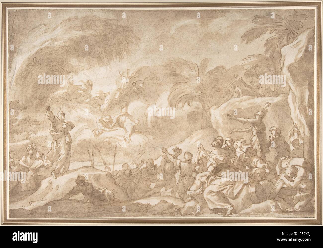 Mose und das auserwählte Volk, siehe das Ertrinken der ägyptischen Armee im Roten Meer. Artist: Domenico Piola (Italienisch, Genua 1627-1703 Genua). Abmessungen: 11-3/8 x 16-5/8-in. (28,9 x 42,3 cm). Datum: 1627-1703. Museum: Metropolitan Museum of Art, New York, USA. Stockfoto