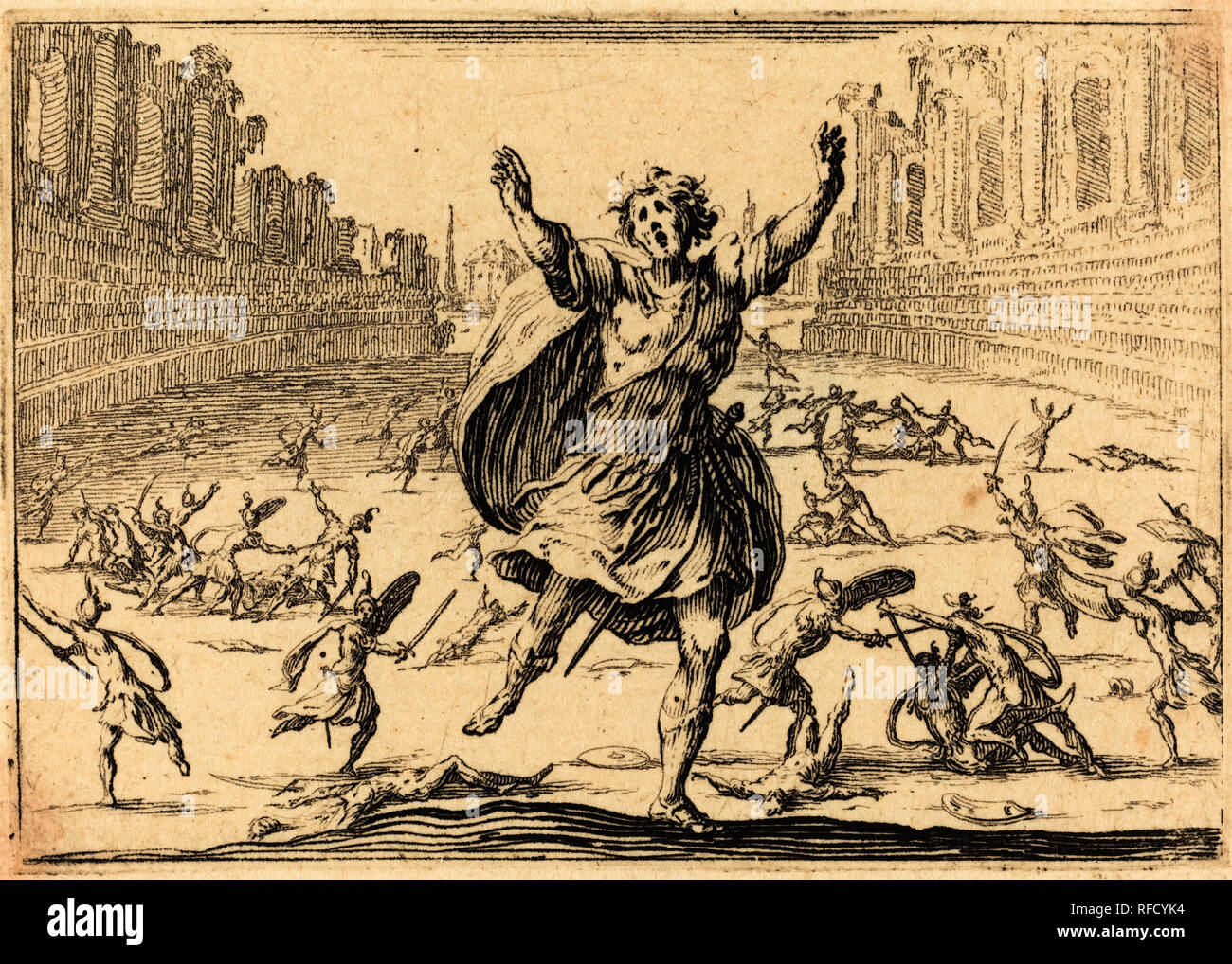 In einem römischen Zirkus Scharmützel. Vom: C. 1617. Medium: Radierung. Museum: Nationalgalerie, Washington DC. Autor: Jacques Callot. Stockfoto