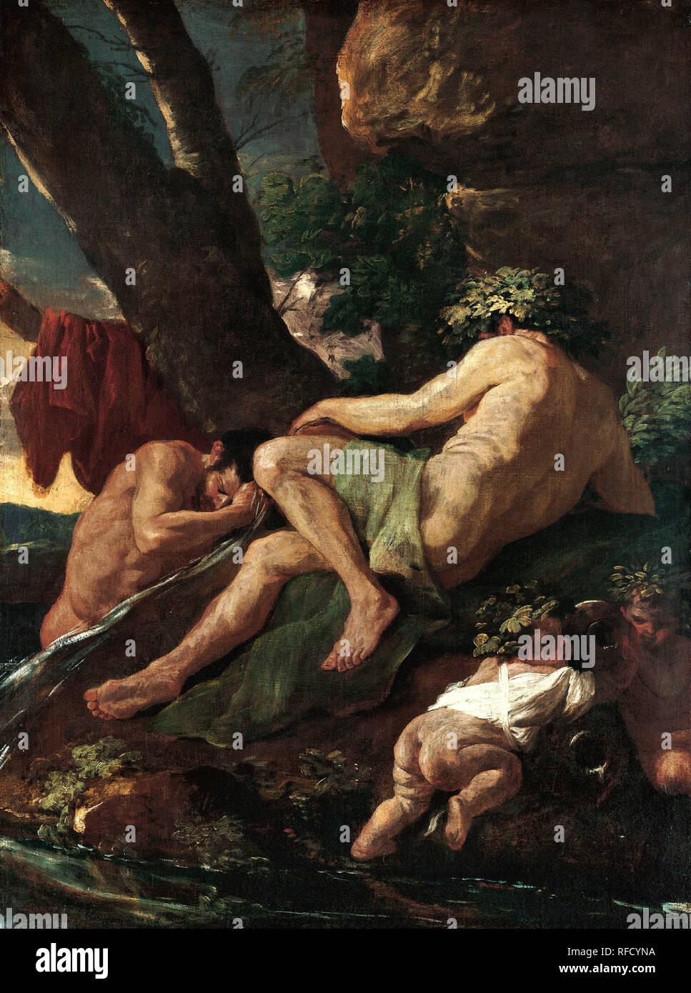 Midas Waschen an der Quelle der Paktolos. Artist: Nicolas Poussin (Französisch, Les Andelys 1594-1665 Rom). Abmessungen: 38 3/8 x 28 5/8 in. (97,5 x 72,7 cm). Datum: Ca. 1627. Das Bild gemalt wurde nicht lange nach Poussin in Rom angekommen. Es stellt die Geschichte von Midas, eine Allegorie der Eitelkeit, von Ovids Metamorphosen <i></i>. Bacchus angeboten Midas ein Geschenk, und der König fragte, dass alles, was er berührt, in Gold verwandelt werden. Bald erkennen, dass Er konnte weder Essen noch Trinken, fragte er erleichtert, der Gabe und Bacchus, der Ihn gesandt hat es in den Fluss Paktolos zu waschen. Teilweise in Wasser eingetaucht, M Stockfoto