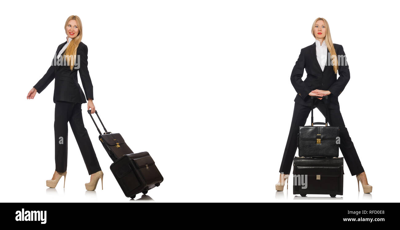 Geschäftsfrau mit Koffer isoliert auf weißem Stockfoto