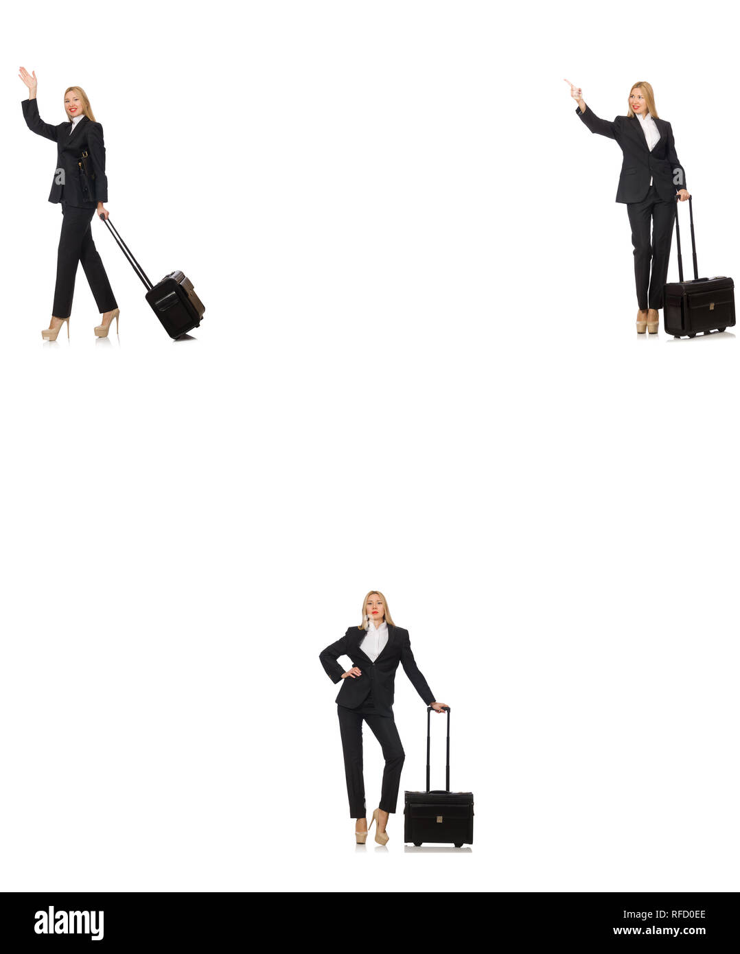 Geschäftsfrau mit Koffer isoliert auf weißem Stockfoto