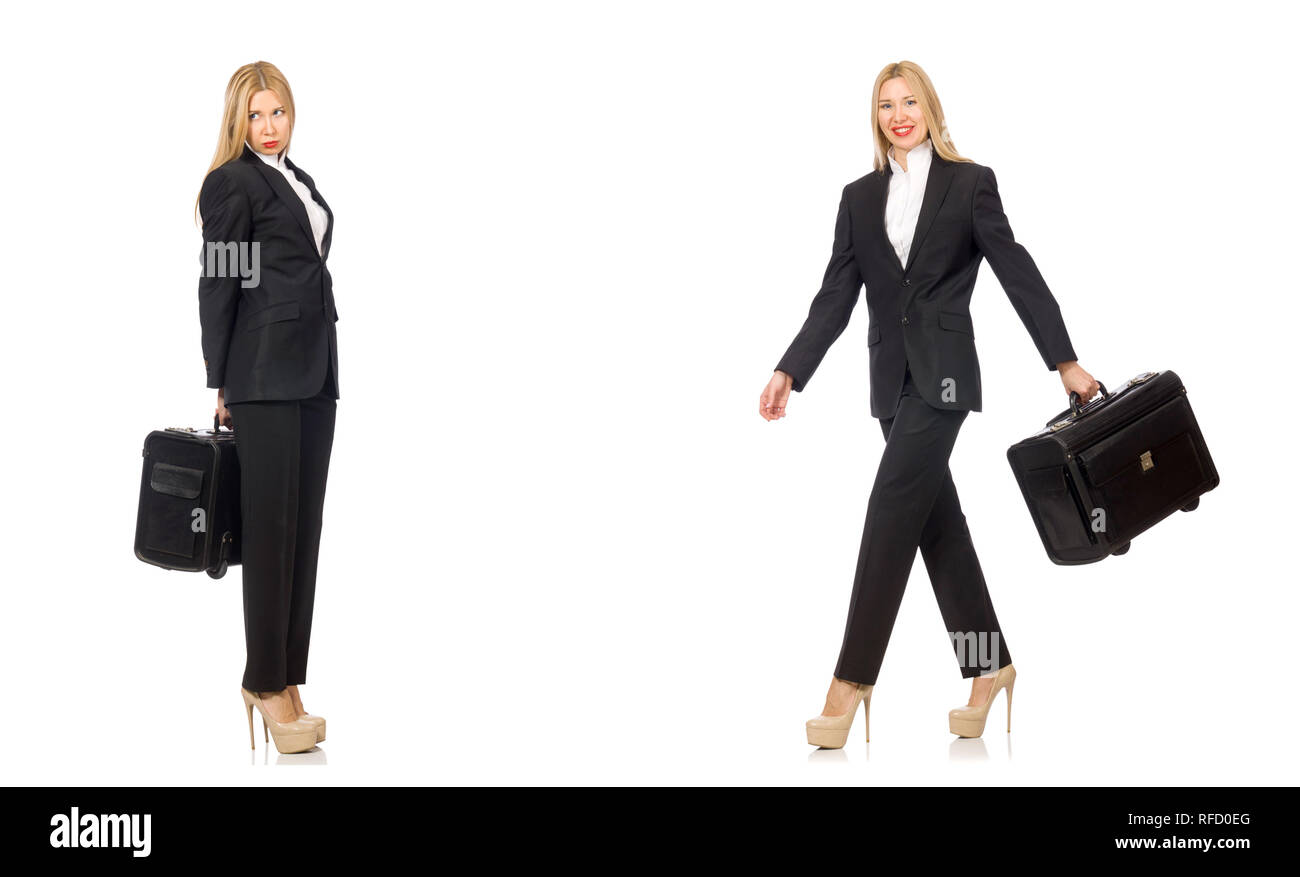 Geschäftsfrau mit Koffer isoliert auf weißem Stockfoto