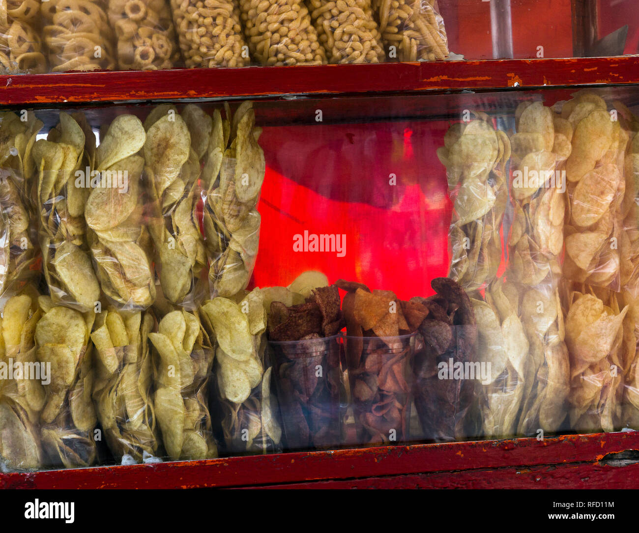 Mexiko Stadt Essen Nahaufnahme der gebratenen Nahrungsmittel in den Taschen Ständer Stockfoto