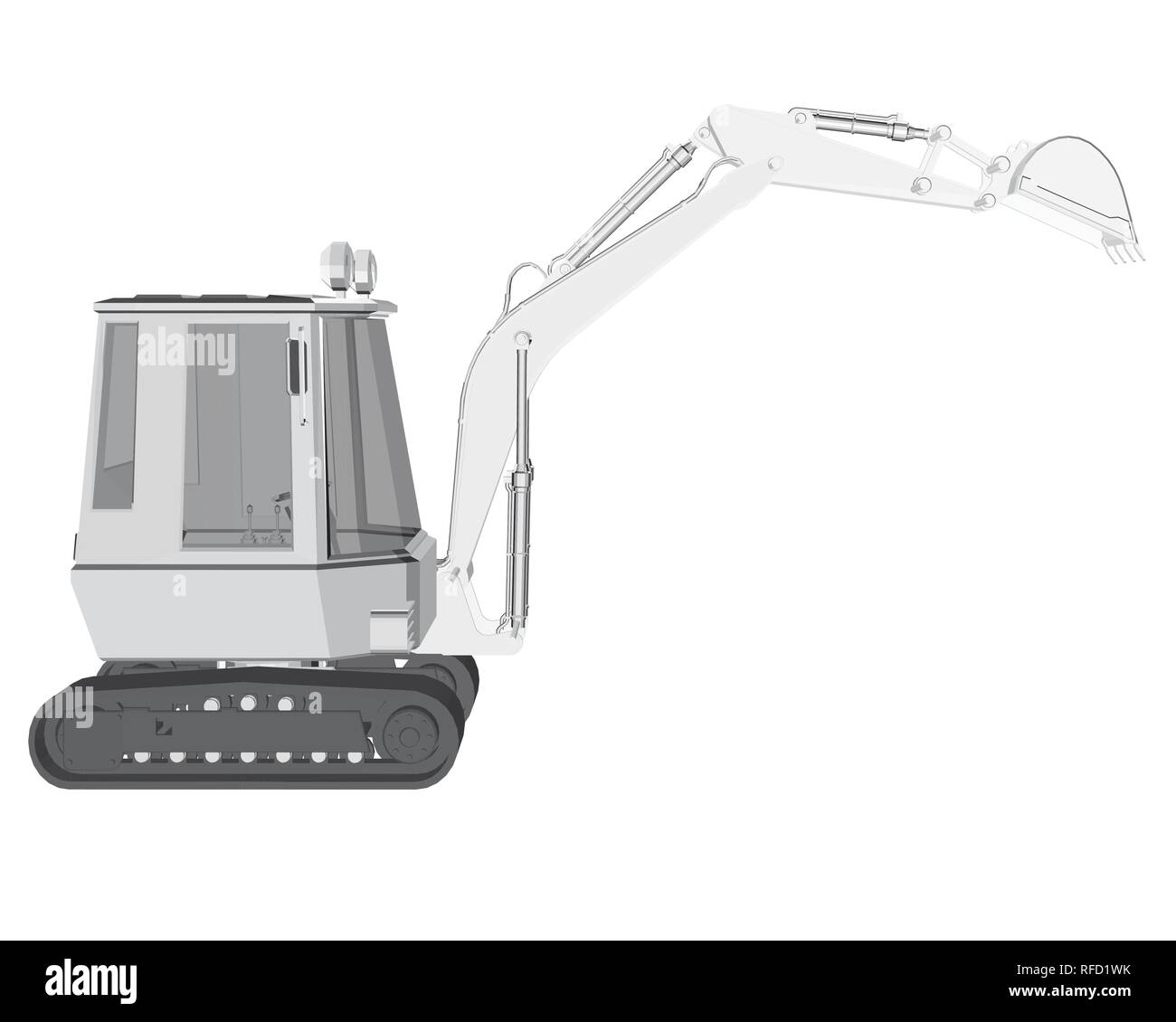 Vector Illustration eines kleinen weißen Bagger. Von der Seite. Detaillierte 3D-Hydraulikbagger. Vector Illustration. Stock Vektor