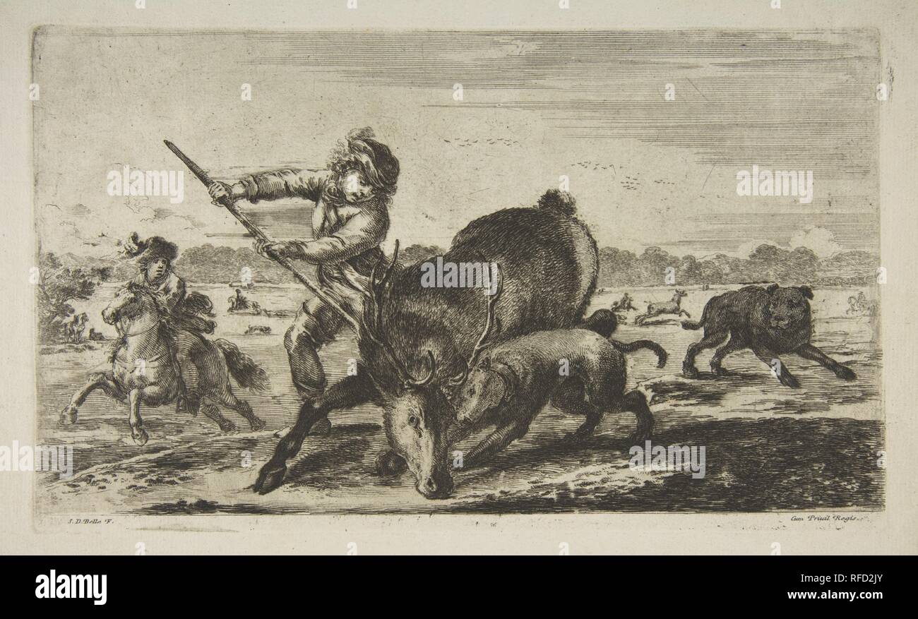 Hirsch an der Bucht von 'Tier jagt" (Chasses à différents Animaux). Artist: Stefano Della Bella (Italienisch, Florenz 1610-1664 Florenz). Abmessungen: Platte: 5 7/8 x 9 7/8 in. (15 × 25,1 cm) Blatt: 8 5/16 × 11 15/16 in. (21,1 × 30,3 cm). Serie/Portfolio: "Tiere jagt" (Chasses à différents Animaux). Datum: Ca. 1654. Museum: Metropolitan Museum of Art, New York, USA. Stockfoto