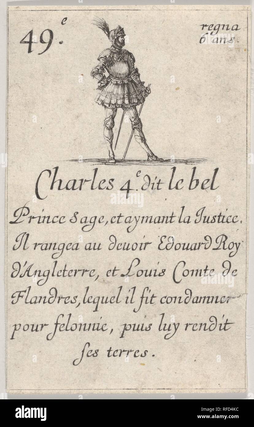 Charles 4. e-dit le bel/Prince Salbei..., von "Spiel der Könige von Frankreich" (Jeu des Rois de France). Artist: Stefano Della Bella (Italienisch, Florenz 1610-1664 Florenz). Maße: Blatt: 3 7/16 x 2 1/16-in. (8,7 x 5,3 cm). Serie/Portfolio: das Spiel der Könige von Frankreich" (Jeu des Rois de France). Datum: 1644. Museum: Metropolitan Museum of Art, New York, USA. Stockfoto