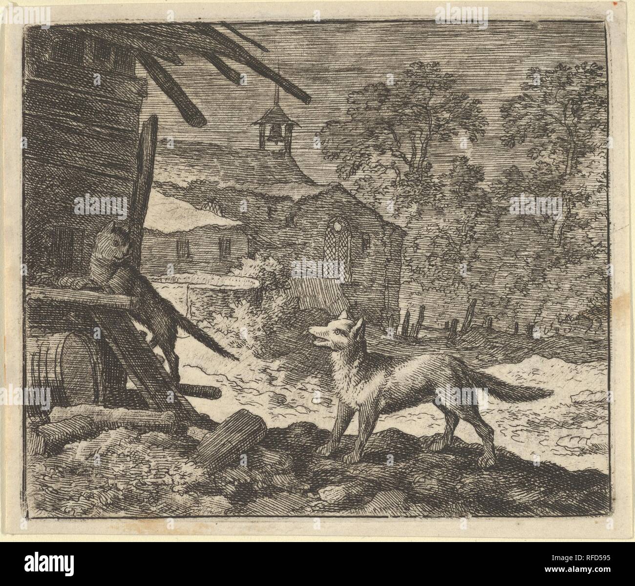 Die Katze klettert eine Scheune von Hendrick van Alcmar's Renard der Fuchs. Artist: Allart van Everdingen (Niederländisch, Alkmaar Amsterdam 1621-1675). Abmessungen: Platte: 3 13/16 x 4 1/2 in. (9,7 × 11,4 cm) Datenblatt: 4. × 4 13/16-in. (10,2 × 12,2 cm). Datum: 1650-75. Museum: Metropolitan Museum of Art, New York, USA. Stockfoto