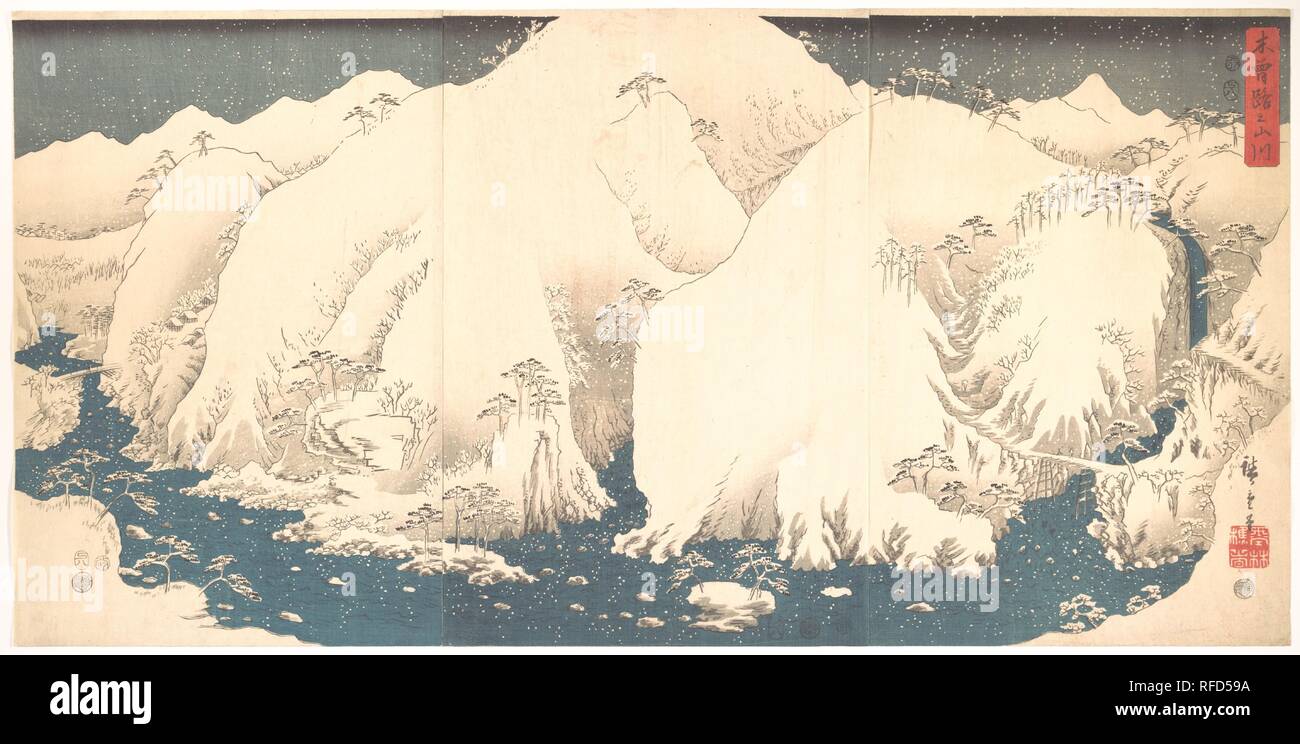 Keine kisoji Sansen Kiso Berge im Schnee. Artist: Utagawa Hiroshige (Japanisch, Tokyo (EDO) 1797-1858 Tokyo (EDO)). Kultur: Japan. Abmessungen: A und B (jeweils): 14 5/8 x 10 in. (37,8 x 25,7 cm) C: 14 5/8 x 9 7/8 in. (37,8 x 25,1 cm). Datum: 1857. Museum: Metropolitan Museum of Art, New York, USA. Stockfoto