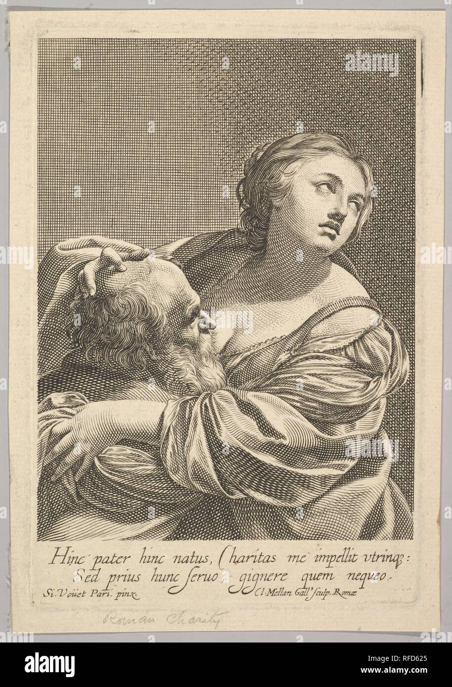 Römische Liebe (La Charité romaine). Künstler: Claude Mellan (Französisch, Abbeville 1598-1688 Paris); Nach Simon Vouet (Französisch, Paris 1590-1649 Paris). Maße: Blatt: 7 3/16 x 4 15/16 in. (18,2 x 12,5 cm) Platte: 6 11/16 x 4 7/16 in. (17 x 11,3 cm). Museum: Metropolitan Museum of Art, New York, USA. Stockfoto