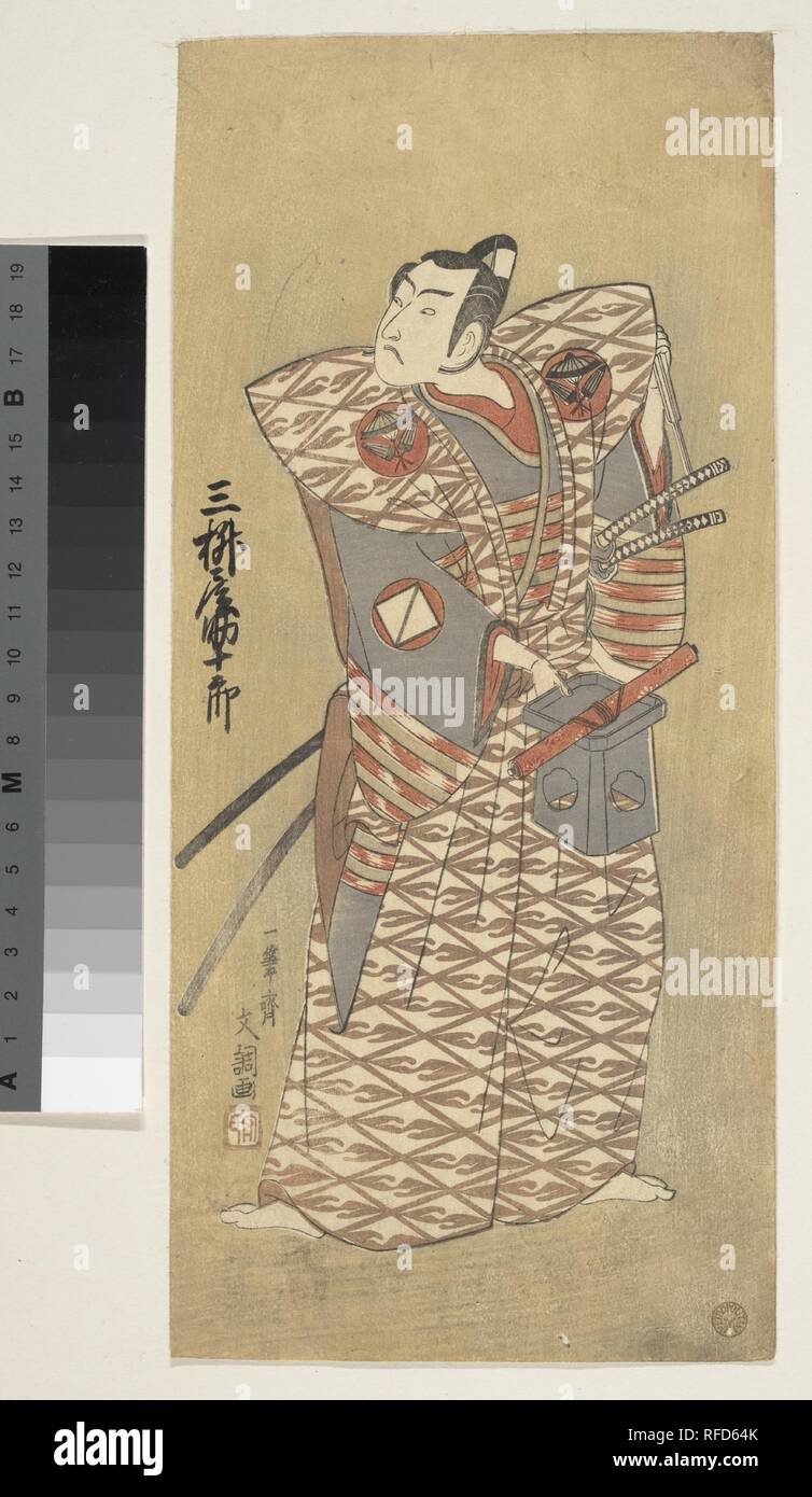 Mimasuya Sukejuro als Samurai in Kamishimo aufhaben. Artist: Ippitsusai Buncho (Japanisch, aktive 1760-1794). Kultur: Japan. Abmessungen: 12 7/32 x 5 17/32 in. (31,1 x 14,1 cm). Datum: Ca. 1770. Museum: Metropolitan Museum of Art, New York, USA. Stockfoto