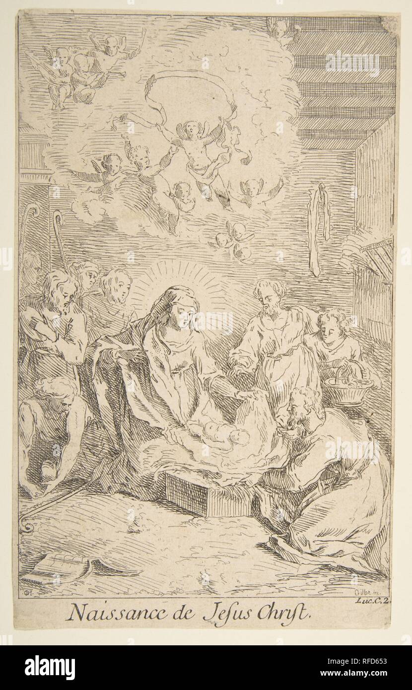 Bei der Bescherung. Künstler: Claude Gillot (Französisch, Langres 1673-1722 Paris). Abmessungen: Bild: 7 11/16 x 4 3/4 in. (19,6 x 12 cm), getrimmt. Engraver: Jacques Gabriel Huquier (Französisch, Paris 1730-1805 Shrewsbury). Datum: n. d.. Museum: Metropolitan Museum of Art, New York, USA. Stockfoto