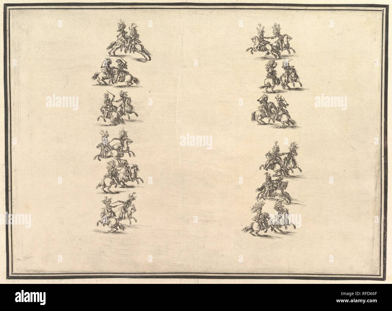 Twenty-four Riders duellieren und bilden zwei Spalten, aus "La Gara delle Stagioni'. Artist: Stefano Della Bella (Italienisch, Florenz 1610-1664 Florenz). Maße: Blatt: 8 5/8 x 12 in. (21,9 x 30,5 cm Matte: 13 1/2 x 17 1/4 in. (34,3 x 43,7 cm). Serie/Portfolio: "La Gara delle Stagioni'. Datum: 1652. Museum: Metropolitan Museum of Art, New York, USA. Autor: STEFANO DELLA BELLA. Von Stefano Della Bella geätzt. Stockfoto