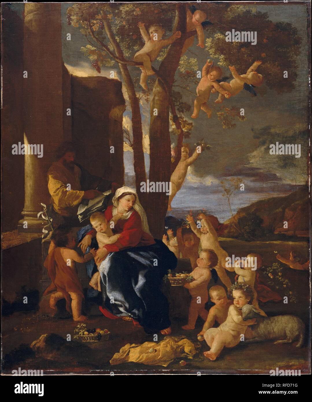 Die Ruhe auf der Flucht nach Ägypten. Artist: Nicolas Poussin (Französisch, Les Andelys 1594-1665 Rom). Abmessungen: 30 x 25 in. (76,2 x 63,5 cm). Datum: Ca. 1627. Diese zärtlich poetische Bild zeigt eine Seite von Poussin sonst nicht vom herrlichen die Bestände des Museum von diesem Künstler vertreten. Während der 1620s Poussin war vor allem durch die venezianische Malerei angezogen, Studium von Tizian große mythologische Kompositionen, von denen einige in der Fürstlichen Sammlungen in Rom waren. Er nahm die Inspiration für die Frucht - Sammeln von Putten und die Landschaft von Tizians Bacchanals <i></i>. Museum: Metropolitan Museum Stockfoto