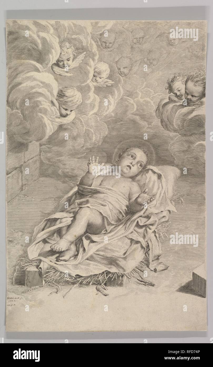 Das Jesuskind auf einem Bett aus Stroh. Künstler: Claude Mellan (Französisch, Abbeville 1598-1688 Paris). Maße: Blatt: 17 1/2 x 11 3/8 in. (44,5 x 28,9 cm). Datum: 1662. Museum: Metropolitan Museum of Art, New York, USA. Stockfoto