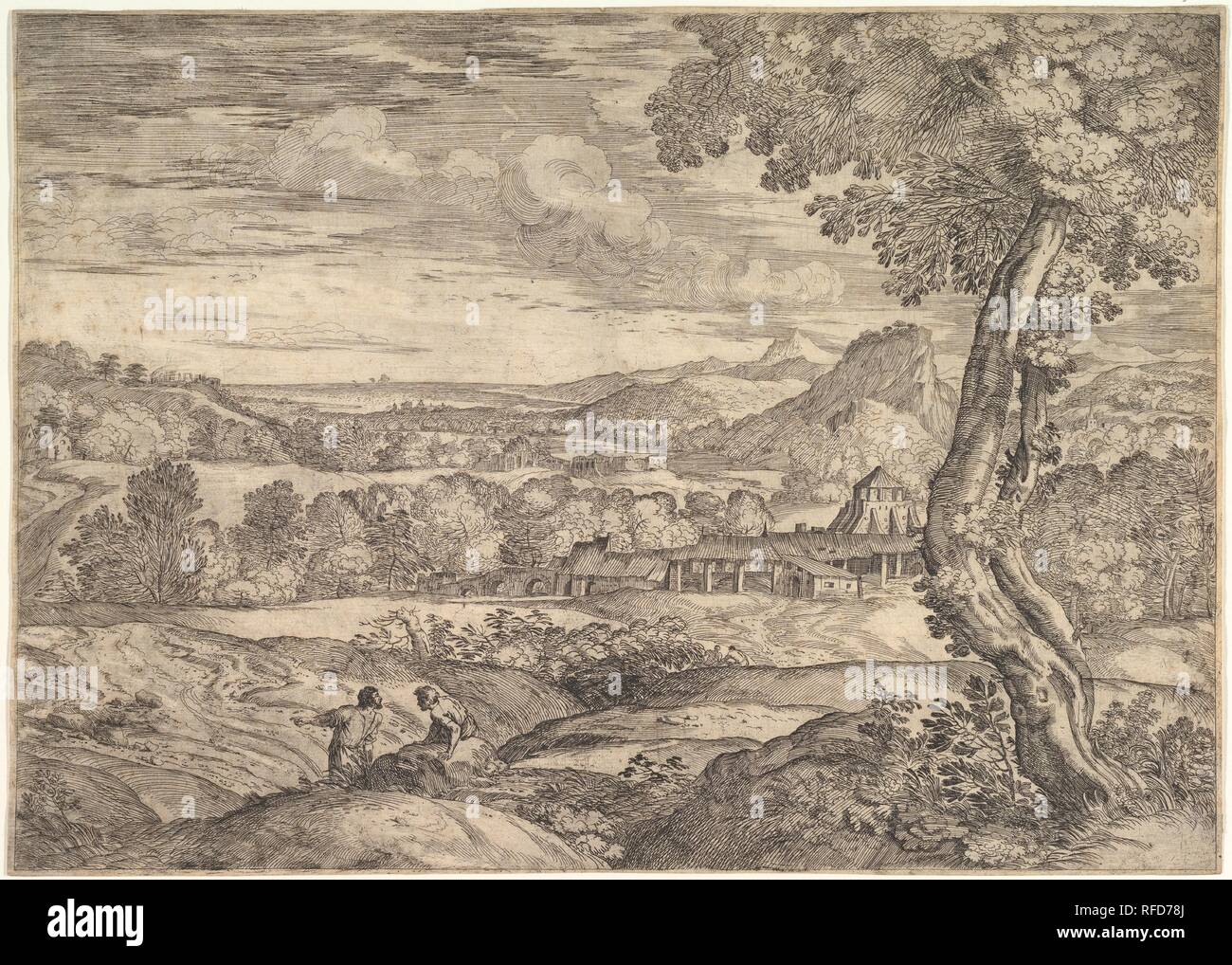 Landschaft mit einer Ziegelfabrik in der Mitte, ein stehender Mann im Vordergrund zeigt auf der linken Seite stellt er ein Mann lag auf einem Felsen. Artist: Giovanni Francesco Grimaldi (Italienisch, Bologna 1606-1680 Rom). Maße: Blatt: 10 3/4 x 15 1/8 in. (27,3 x 38,4 cm). Datum: Ca. 1625-80. Museum: Metropolitan Museum of Art, New York, USA. Stockfoto