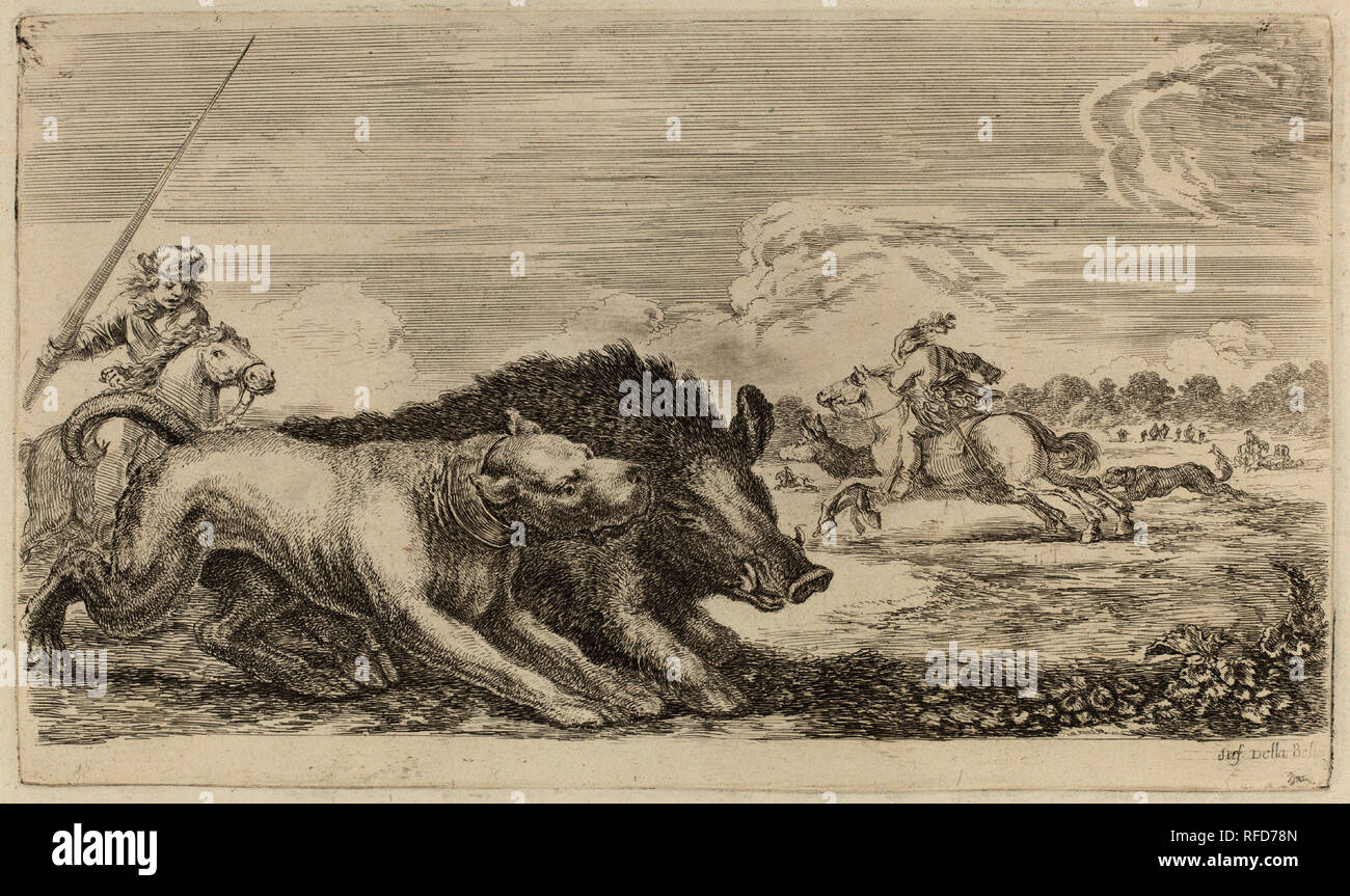 Wildschwein von einem Hund gejagt. Medium: Radierung auf Bütten [Nachprägung]. Museum: Nationalgalerie, Washington DC. Autor: STEFANO DELLA BELLA. Stockfoto