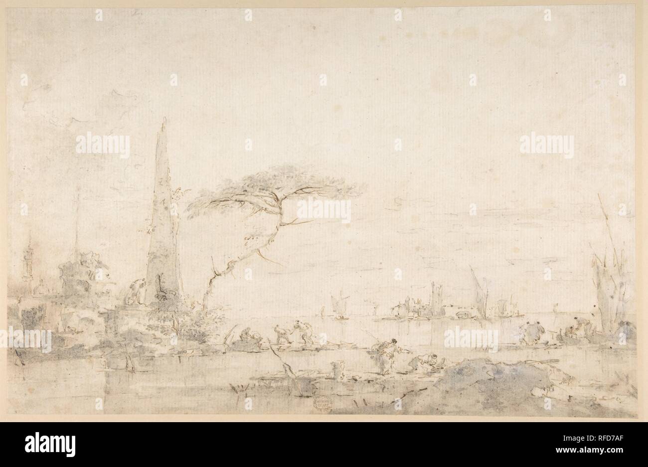 Lagune Capriccio mit einem Obelisk. Artist: Francesco Guardi (Italienisch, Venedig Venedig 1712-1793). Abmessungen: 9 3/8 x 14 7/16 in. (23,8 x 36,6 cm). Datum: Ca. 1750-70. Museum: Metropolitan Museum of Art, New York, USA. Stockfoto