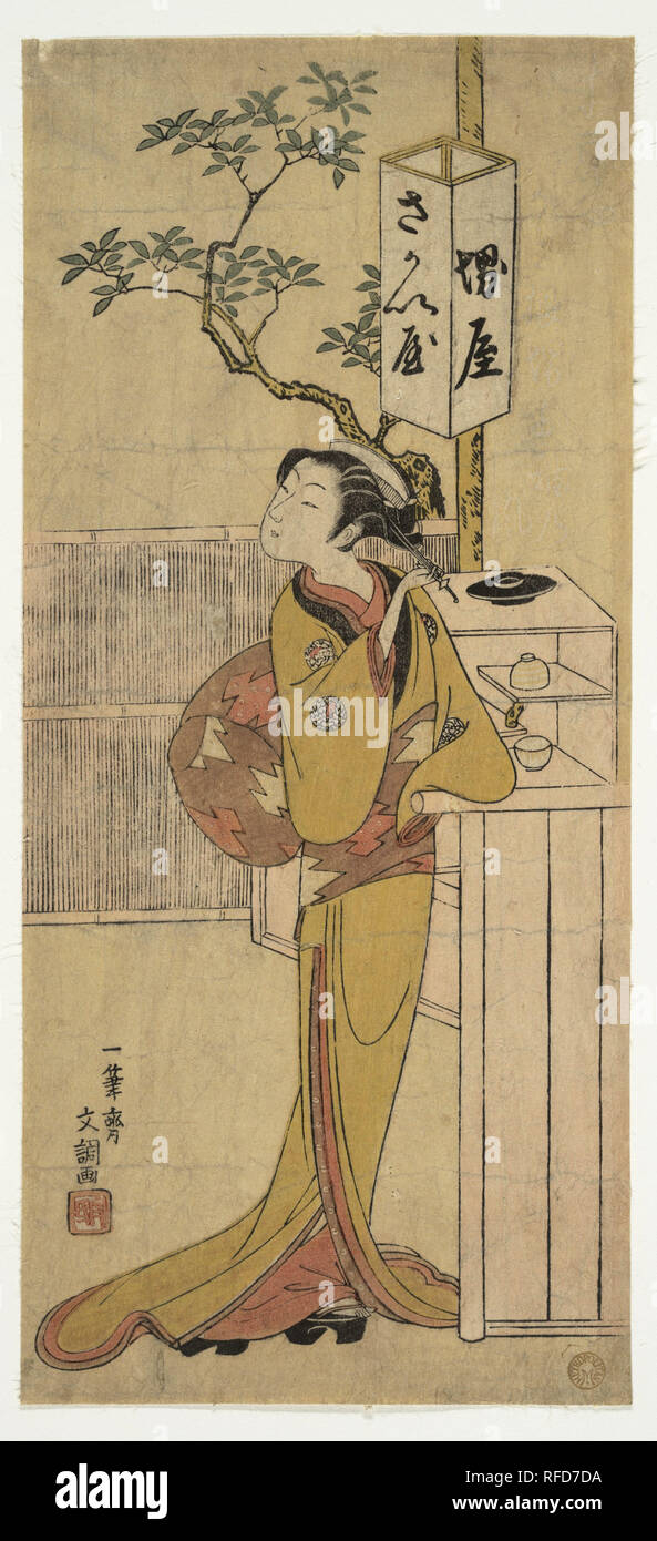Eine Kellnerin der Sakai-ya Teehaus stehen und. Artist: Ippitsusai Buncho (Japanisch, aktive 1760-1794). Kultur: Japan. Abmessungen: 12 1/32 x 5 5/8 in. (30,6 x 14,3 cm). Datum: Ca. 1770. Museum: Metropolitan Museum of Art, New York, USA. Stockfoto