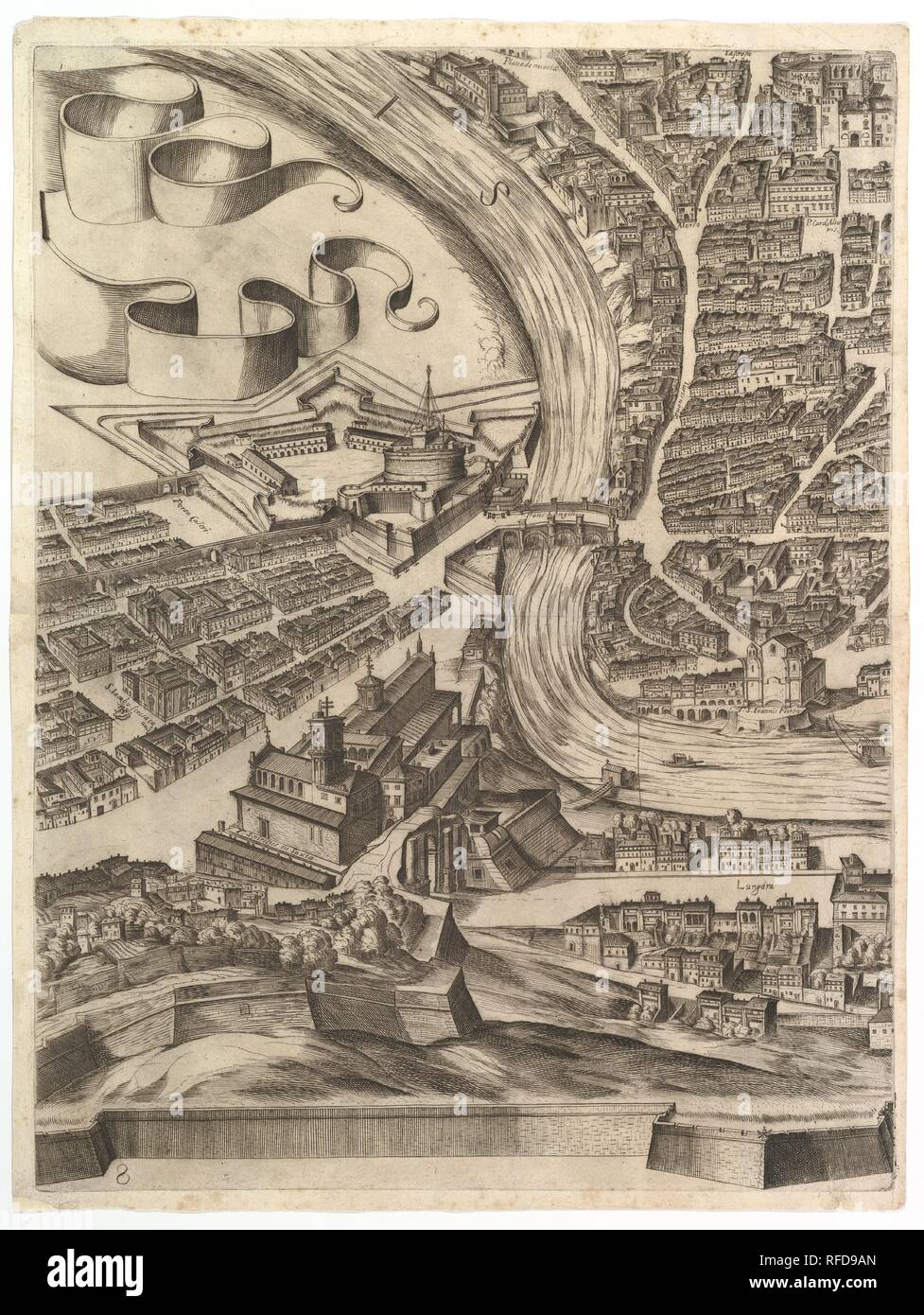 Plan der Stadt Rom. Teil 8 mit dem Castel Sant'Angelo. Artist: Antonio Tempesta (Italienisch, Florenz 1555-1630 Rom). Dedicatee: Kardinal Camillo Pamphili gewidmet. Maße: Blatt: 21 x 16 5/16 in. (53,3 x 41,5 cm) Platte: 20 7/8 x 15 3/4 in. (53 x 40 cm). Herausgeber: Herausgegeben von Giovanni Domenico De Rossi (Italien, 1619-1653). Datum: 1645. In der unteren Hälfte der Karte einen nördlichen Teil der linken Ufer der Stadt mit dem Castel Sant'Angelo. Museum: Metropolitan Museum of Art, New York, USA. Stockfoto