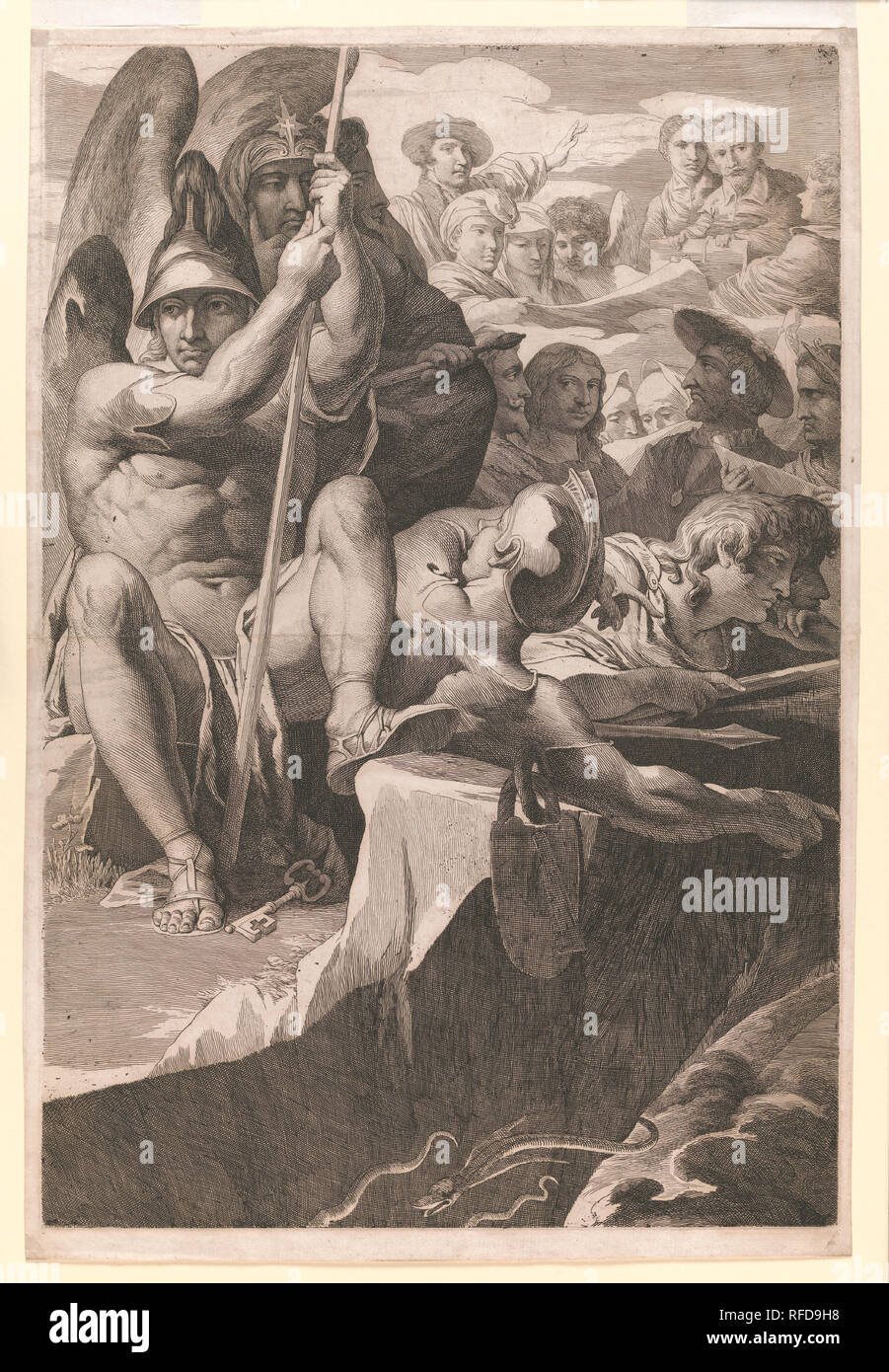 Der Engel wachen. Künstler: James Barry (Irland, Cork 1741-1806 London). Abmessungen: Platte: 29 1/8 x 19 11/16 in. (74 × 50 cm): 30 5/6 x 20 3/8 in. (77,3 × 51,8 cm). Datum: 1808. Diese radierung ist auf einem zentralen Teil von 'Elysium und Tartarus, "eine der sechs Wandbilder Barry für die Gesellschaft der Künste in London zwischen 1777 und 1783 gemalt. Erhalten wenig Lohn für seine Mühe, Barry, Radierungen, Einkommen zu generieren und seine Ideen zu verbreiten. Ein 1792 Drucken der gesamten Zusammensetzung unzufrieden, weil die Figuren wurden stark reduziert, so dass er später sechs große Ausdrucke produziert Schwerpunkte Stockfoto