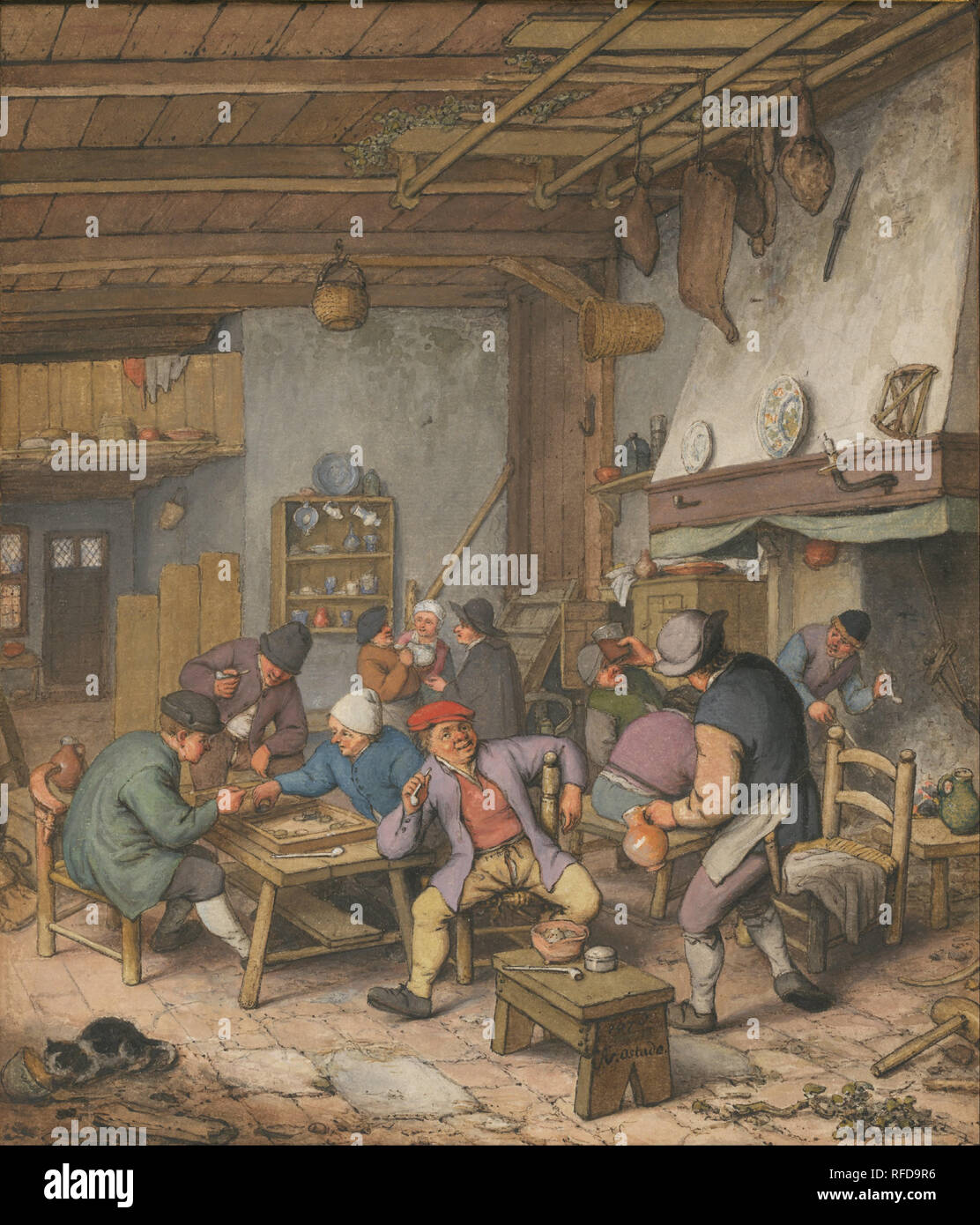Zimmer in einem Gasthaus mit Bauern Trinken, Rauchen und Spielen Backgam, 1678. Datum/Zeitraum: 1678. Pen und braune Tusche, Aquarell, und Körperfarbe über Schwarze Kreide. Bleistift, Gouache und Aquarell. Autor: Adriaen van Ostade. Ostade, Adriaen Jansz van. Stockfoto