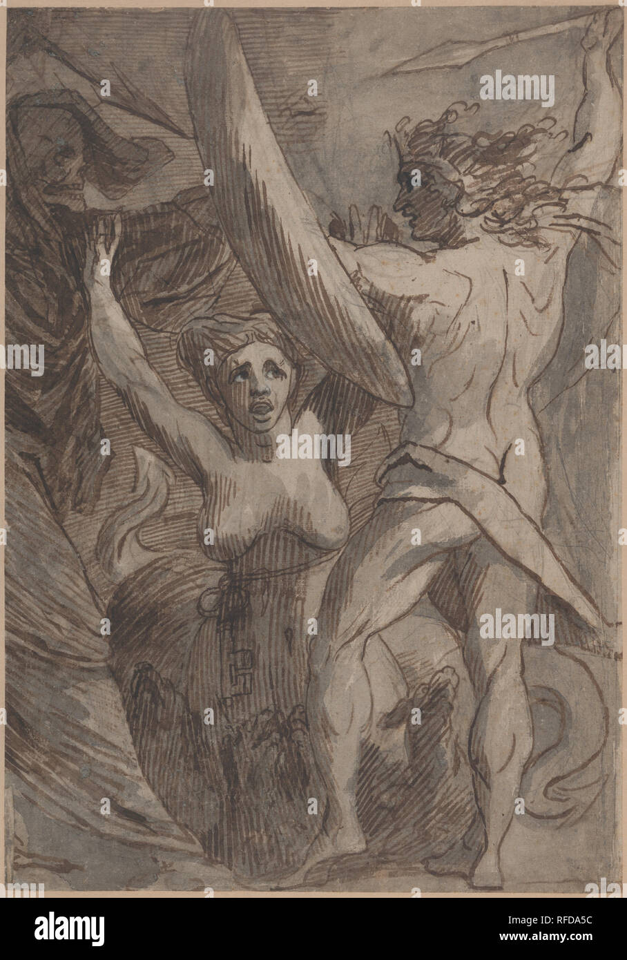 Satan, der Sünde und des Todes: "Tod und Sünde met von Satan auf seine Rückkehr von der Erde". Künstler: James Barry (Irland, Cork 1741-1806 London). Maße: Blatt: 23 1/4 x 16 3/8 in. (59 × 41,6 cm). Betrifft: Bezieht sich auf John Milton (Briten, London 1608-1674 London). Datum: 1792-95. Barry diese Zeichnung zwischen 1792 und 1795 gemacht, als er geplant, eine Reihe von großen Radierungen inspiriert von Milton's "Paradise Lost." Obgleich sich die ehrgeizige Regelung nie vollständig realisiert wurde, diese Komposition wurde als Radierung veröffentlicht und zeigt, Barry's tiefere Auseinandersetzung mit der Erhabene. Das Thema kommt aus Buch II, 630-814 von Th Stockfoto