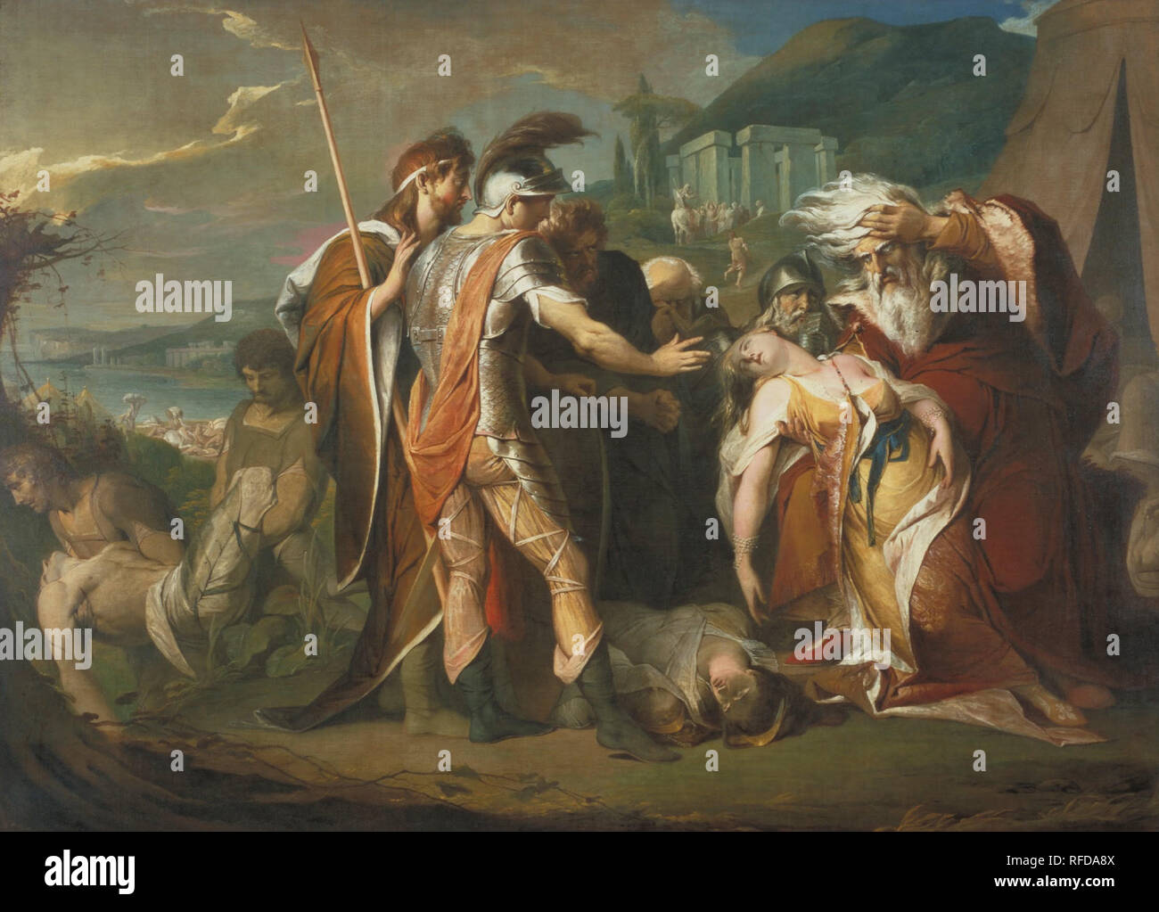 König Lear weinend über die Leiche von Cordelia. Datum/Zeit: Ca. 1786. Malerei. Öl auf Leinwand. Höhe: 269.2 cm (105,9); Breite: 367 cm (12 ft). Autor: James Barry. Barry, James. Stockfoto