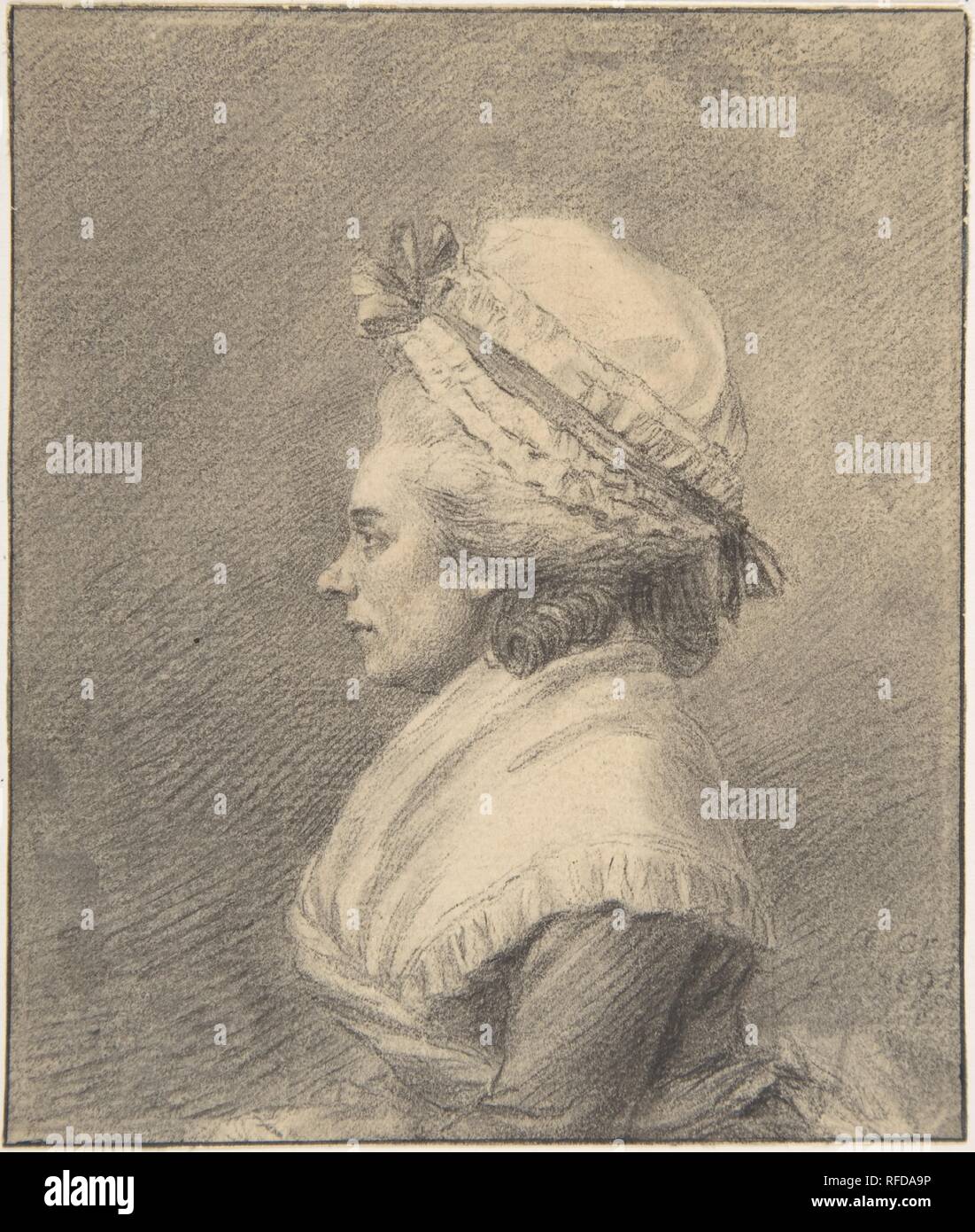 Profil der Dame im Motorhaube. Artist: Augustin de Saint-Aubin (Französisch, Paris 1736-1807 Paris). Abmessungen: 4 7/8 x 4 3/16 in. (12,5 x 10,7 cm). Datum: n. d.. Museum: Metropolitan Museum of Art, New York, USA. Stockfoto