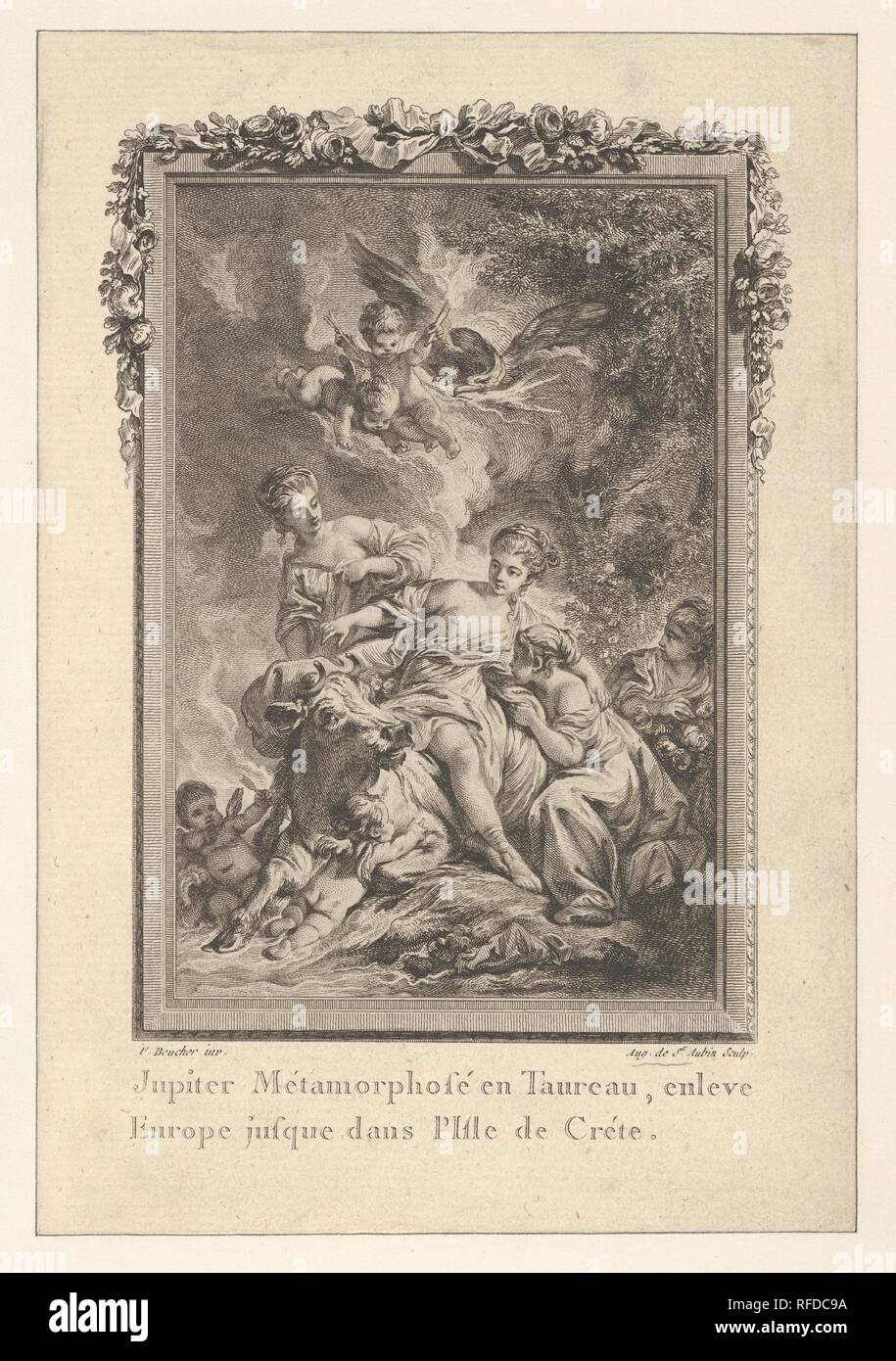 Vignette (Tome 1. äh, Seite 164, Lib. II, Fab. 15), Jupiter trägt Europa entfernt, von Les Métamorphoses d'Ovid en Latin et de François de la Traduction de M. l'Abbé Banier de l'Académie Royale des Inschriften et Belles-Lettres. Avec des Rechtfertigungsglaubens historiques. Ein Paris Chez Despilly rue Saint Jacques à la Croix d'Or. MDCCLXVII. Approbation et Avec Privilège du Roi. Artist: Nachdem François Boucher (Französisch, Paris 1703-1770 Paris); Augustin de Saint-Aubin (Französisch, Paris 1736-1807 Paris). Autor: Ovid (Roman, Sulmo 43 v. Chr. - A.D. 17 Tomis, mösien). Maße: Blatt: 7 5/8 x 5 3/16 in. (19,3 × 13,2 Stockfoto