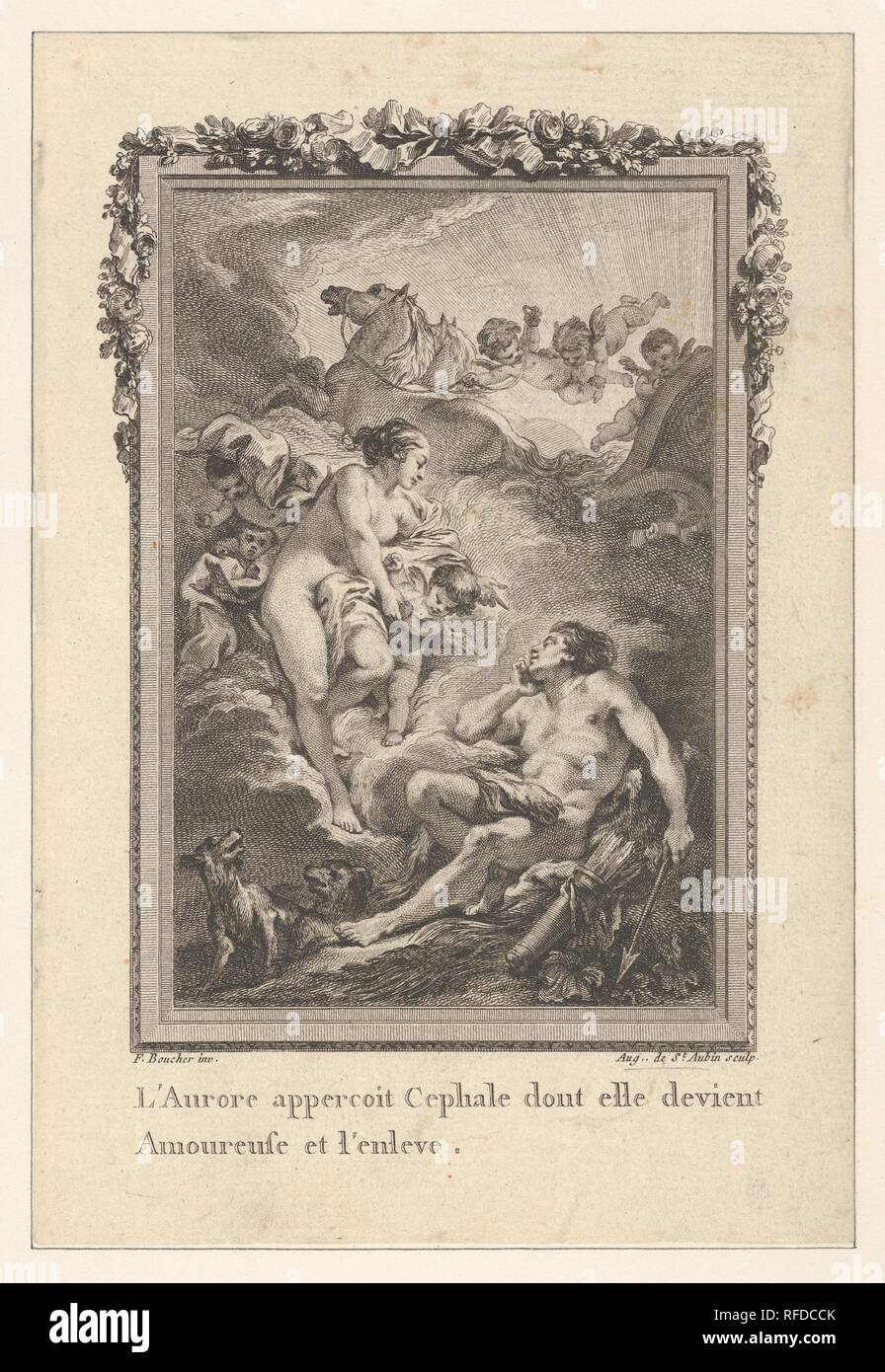 Vignette (Band I, Seite 164, Lib. II, Fab. 15), Darstellung Cephalus und Aurora, von Les Métamorphoses d'Ovid en Latin et de François de la Traduction de M. l'Abbé Banier de l'Académie Royale des Inschriften et Belles-Lettres. Avec des Rechtfertigungsglaubens historiques. Ein Paris Chez Despilly rue Saint Jacques à la Croix d'Or. MDCCLXVII. Approbation et Avec Privilège du Roi. Artist: Nachdem François Boucher (Französisch, Paris 1703-1770 Paris); Augustin de Saint-Aubin (Französisch, Paris 1736-1807 Paris). Autor: Ovid (Roman, Sulmo 43 v. Chr. - A.D. 17 Tomis, mösien). Maße: Blatt: 7 5/8 x 5 3/16 in. (19,4 × 13. Stockfoto