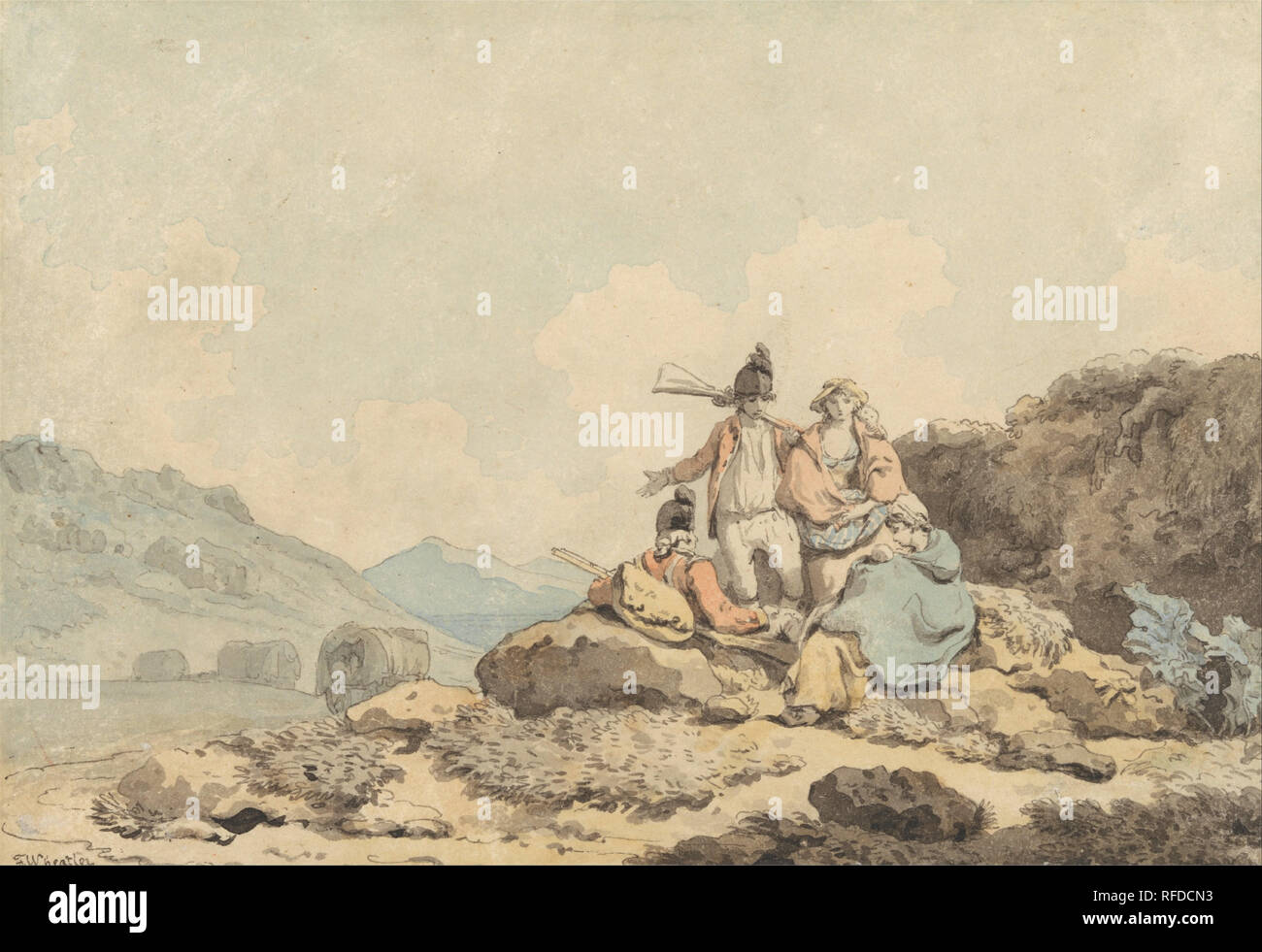 Soldaten und Land Frauen. Zeichnung. Schwarze Tinte mit Aquarell auf Medium, glatt, Creme webte Papier. Höhe: 127 mm (5 in); Breite: 187 mm (7.36 in). Autor: Francis Wheatley. Stockfoto