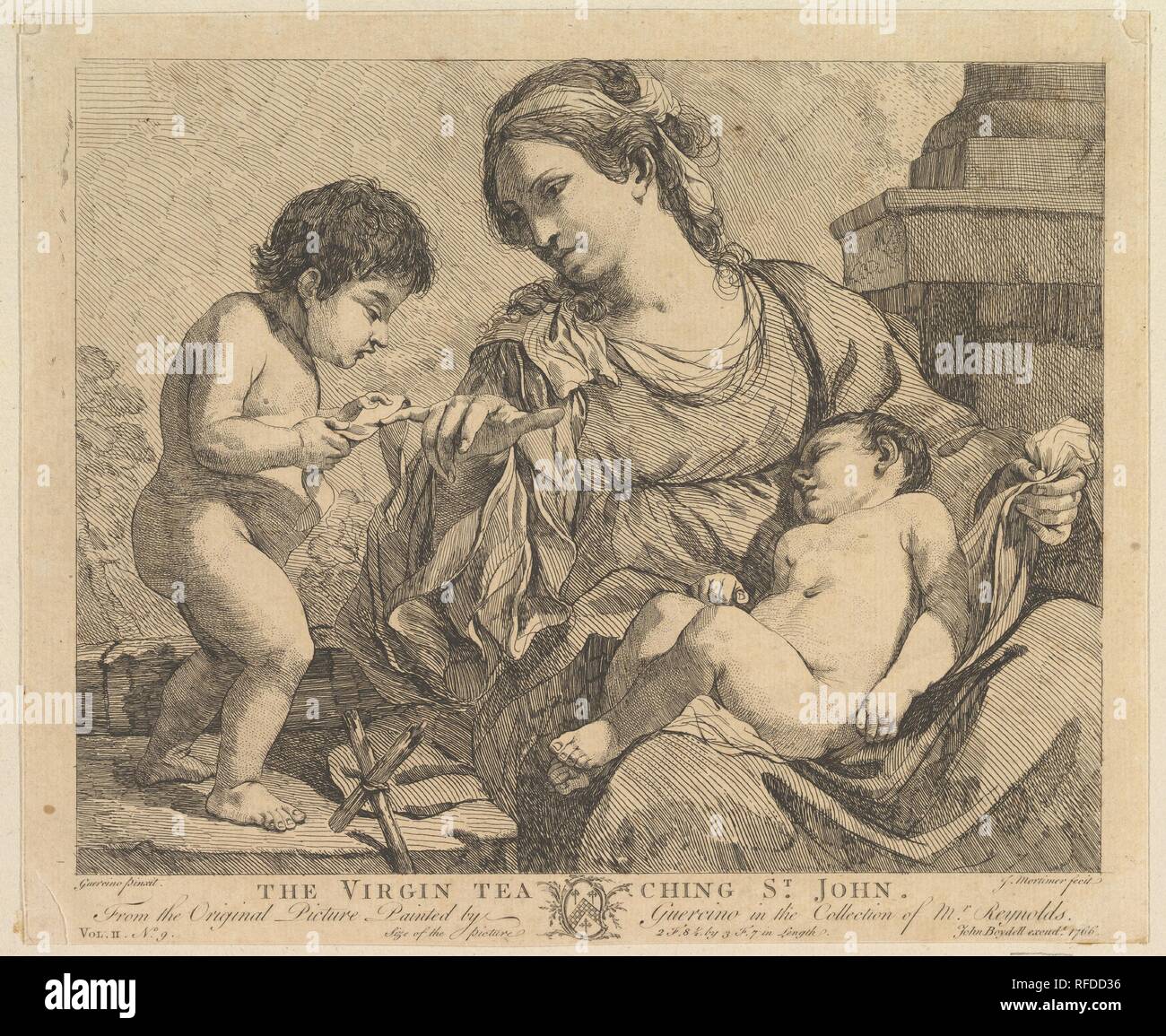 Die Jungfrau Maria lehre St. John. Künstler: John Hamilton Mortimer (Briten, Eastbourne, London); 1740-1779 Nach Guercino (Giovanni Francesco Barbieri) (Italienisch, Cento 1591-1666 Bologna). Maße: Blatt: 10 x 12 1/16-in. (25,4 x 30,7 cm). Herausgeber: John boydell (Briten, Shropshire 1720-1804 London). Datum: 1766. Museum: Metropolitan Museum of Art, New York, USA. Stockfoto