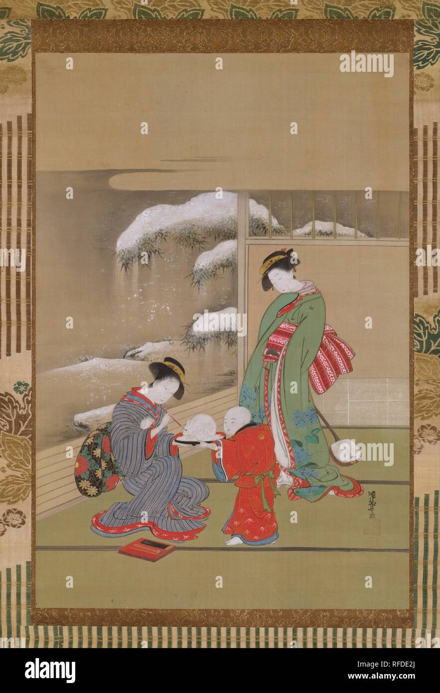 Malerei die Augen auf einem Schnee Kaninchen. Artist: Isoda Koryusai (Japanisch, 1735 - Ca. 1790). Kultur: Japan. Abmessungen: Bild: 23 3/4 in. X 16 in. (60,3 × 40,6 cm) Insgesamt mit Montage: 62 1/4 in. × 23. (158,1 × 58,4 cm) Insgesamt mit den Knöpfen: 62 1/4 x 24 3/4 in. (158,1 × 62,9 cm). Datum: Ca. 1780. Während der Edo Periode, als Winter Unterhaltung, Kinder oft Schnee Skulpturen und die zwei populärsten Arten der Schnee Kaninchen wurden (yuki Usagi) und der Schnee Daruma (yuki Daruma). Dieses Bild Transporte für Kinder outdoor Zeitvertreib in ein elegantes Interieur, wo eine Frau, vermutlich des jungen Mot Stockfoto