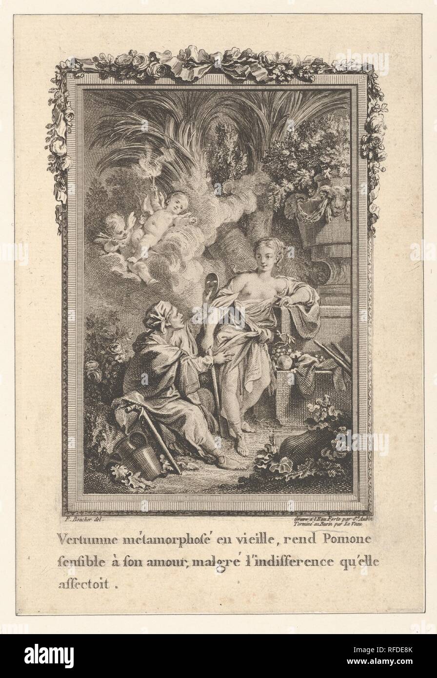 Vertumnus verwandelt sich in eine alte Frau und versucht, Woo Pomona, von Les Métamorphoses d'Ovid en Latin et de François de la Traduction de M. l'Abbé Banier de l'Académie Royale des Inschriften et Belles-Lettres. Avec des Rechtfertigungsglaubens historiques. Ein Paris Chez Despilly rue Saint Jacques à la Croix d'Or. MDCCLXVII. Approbation et Avec Privilège du Roi. Artist: Nachdem François Boucher (Französisch, Paris 1703-1770 Paris); Augustin de Saint-Aubin (Französisch, Paris 1736-1807 Paris); Jean Jacques Leveau (Französisch, 1729-1786). Autor: Ovid (Roman, Sulmo 43 v. Chr. - A.D. 17 Tomis, mösien). Abmessungen: Sh Stockfoto