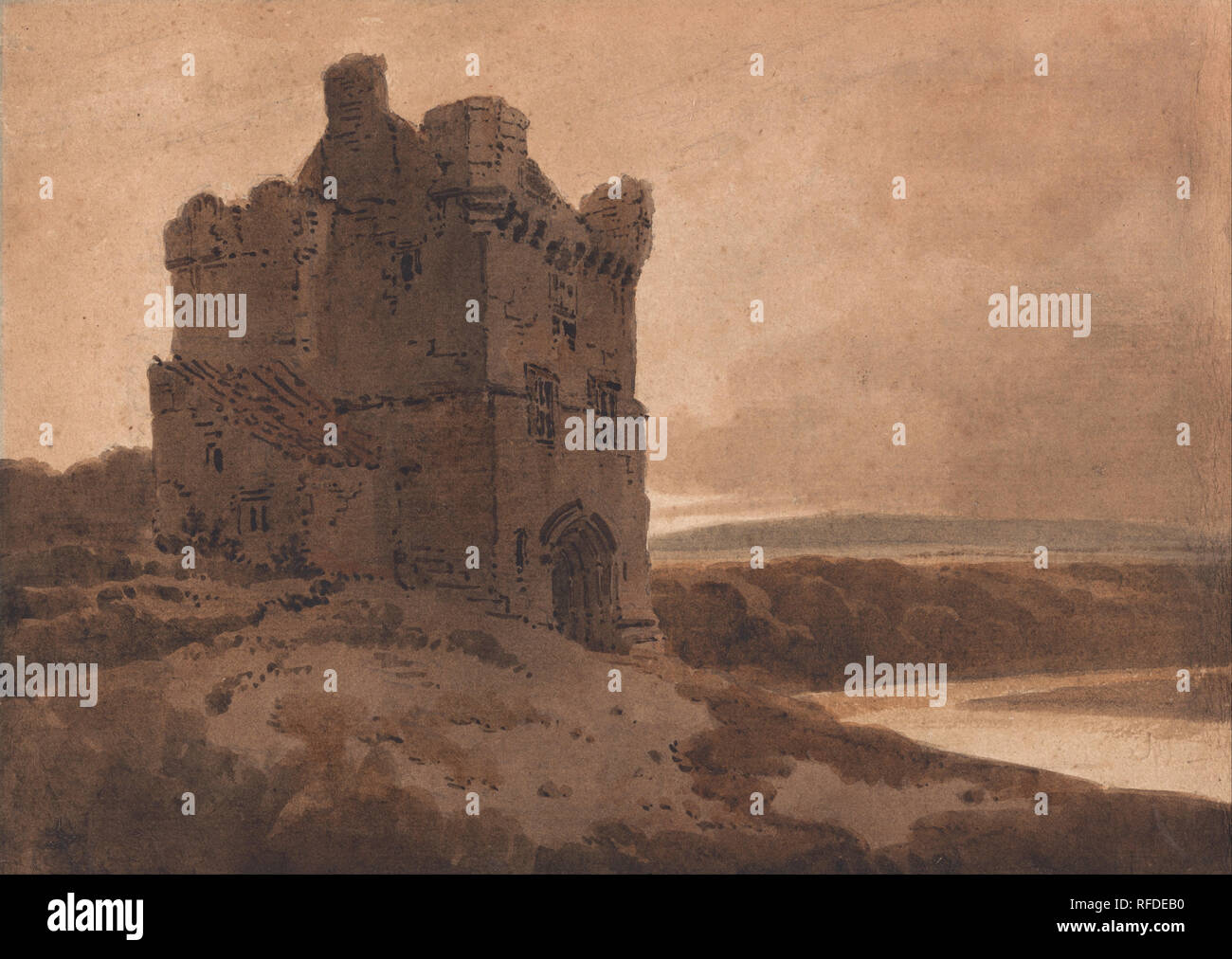 Eine Grenze Tower. Malerei. Aquarell. Höhe: 222 mm (8,74 in); Breite: 313 mm (12.32 in). Autor: Thomas Girtin. Stockfoto